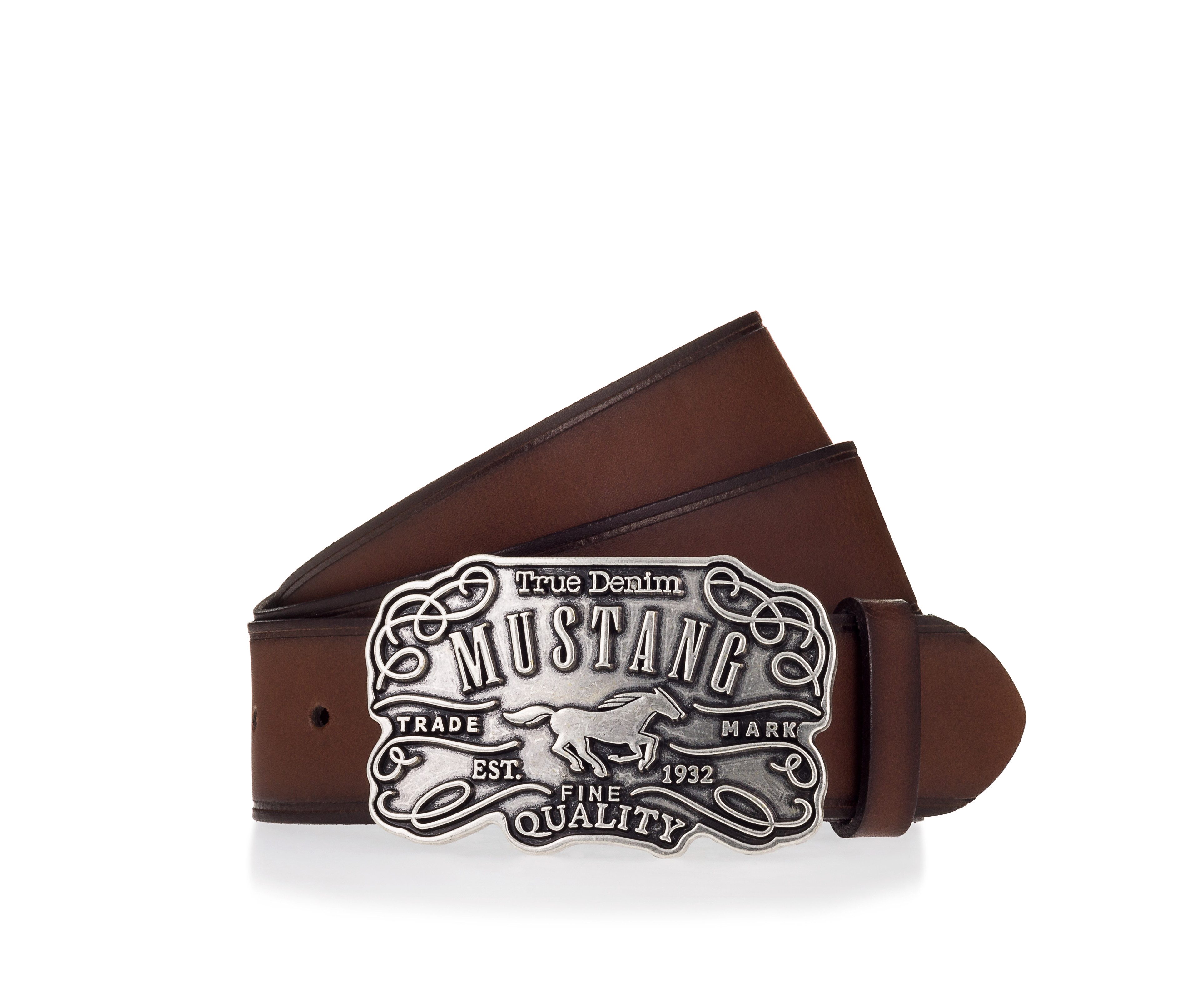 MUSTANG Ledergürtel feine Logoprägung, Echtleder, aufwendige Gürtelschnalle