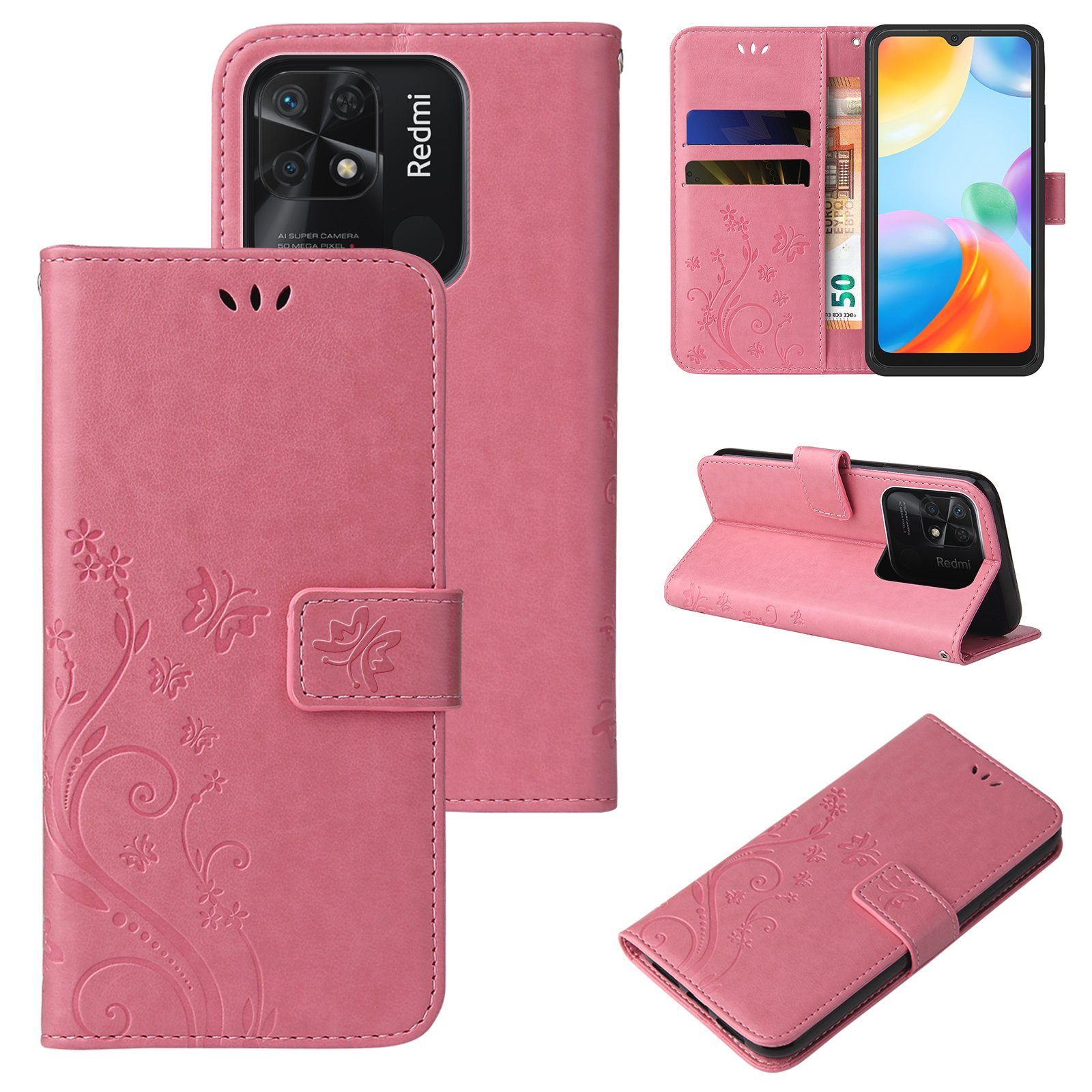 Tec-Expert Handyhülle Cover Tasche Hülle für Xiaomi Redmi 10C 6,71 Zoll, Klapphülle Case mit Kartenfach Fliphülle aufstellbar, Motiv Blumen