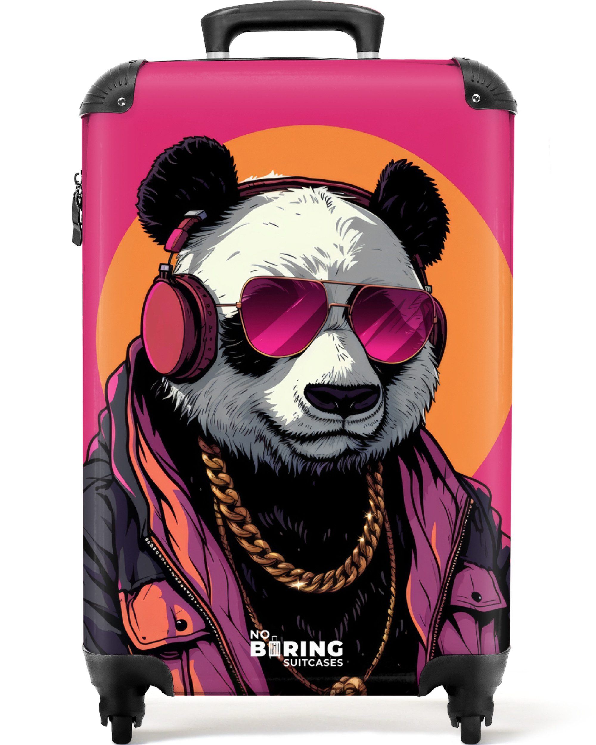 NoBoringSuitcases.com© Hartschalen-Trolley Panda mit Kopfhörer, Sonnenbrille und Goldkette 55x35x20cm, 4 Rollen, Kinder Koffer Klein, Trolley Handgepäck, Reisekoffer