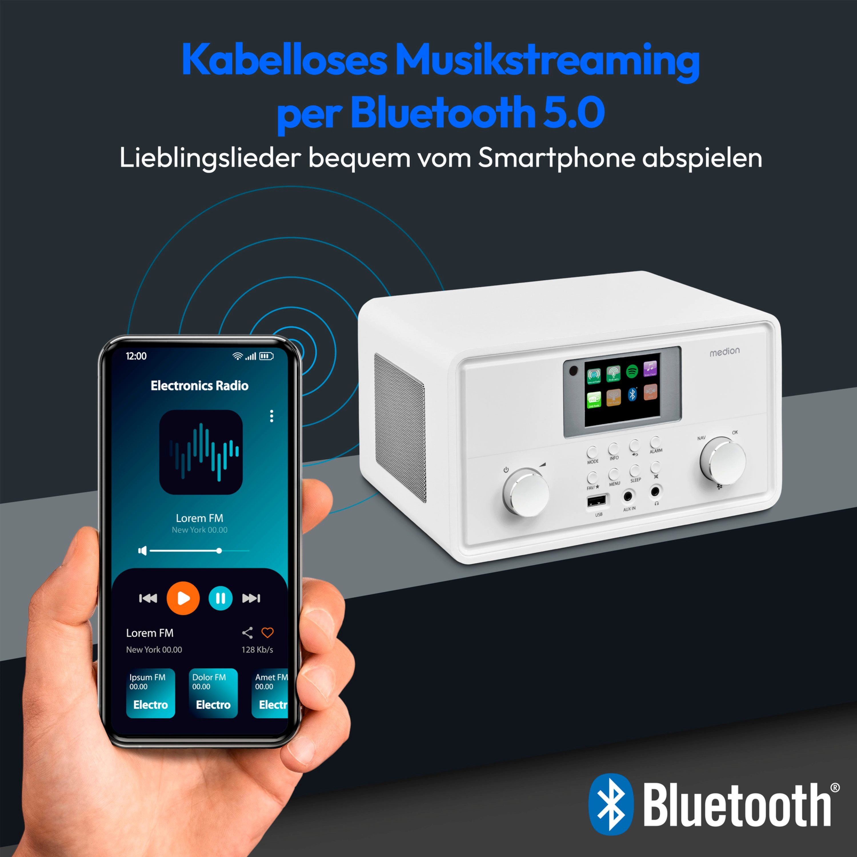 Medion® Internetradio MEDION® LIFE® P85027 (MD88069) Radio (DAB+, MW/UKW, Spotify, AM/FM, 10 W, Internet Radio DAB+ UKW Radio, 7,1cm/2,8'' Display, Bluetooth)