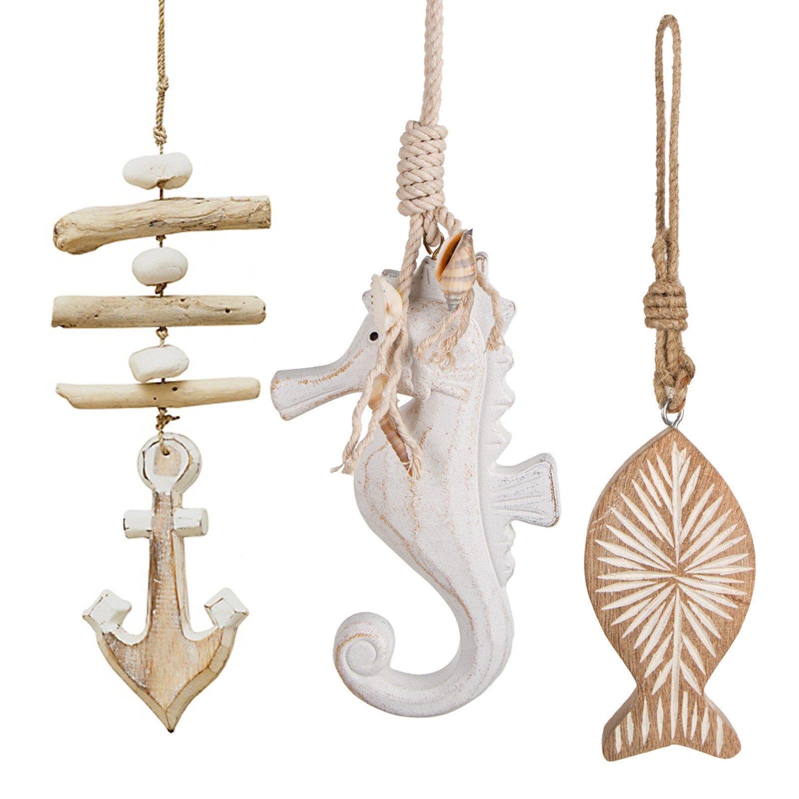 Dekohänger Holz Anhänger Set 3-tlg. Fische + Seepferdchen