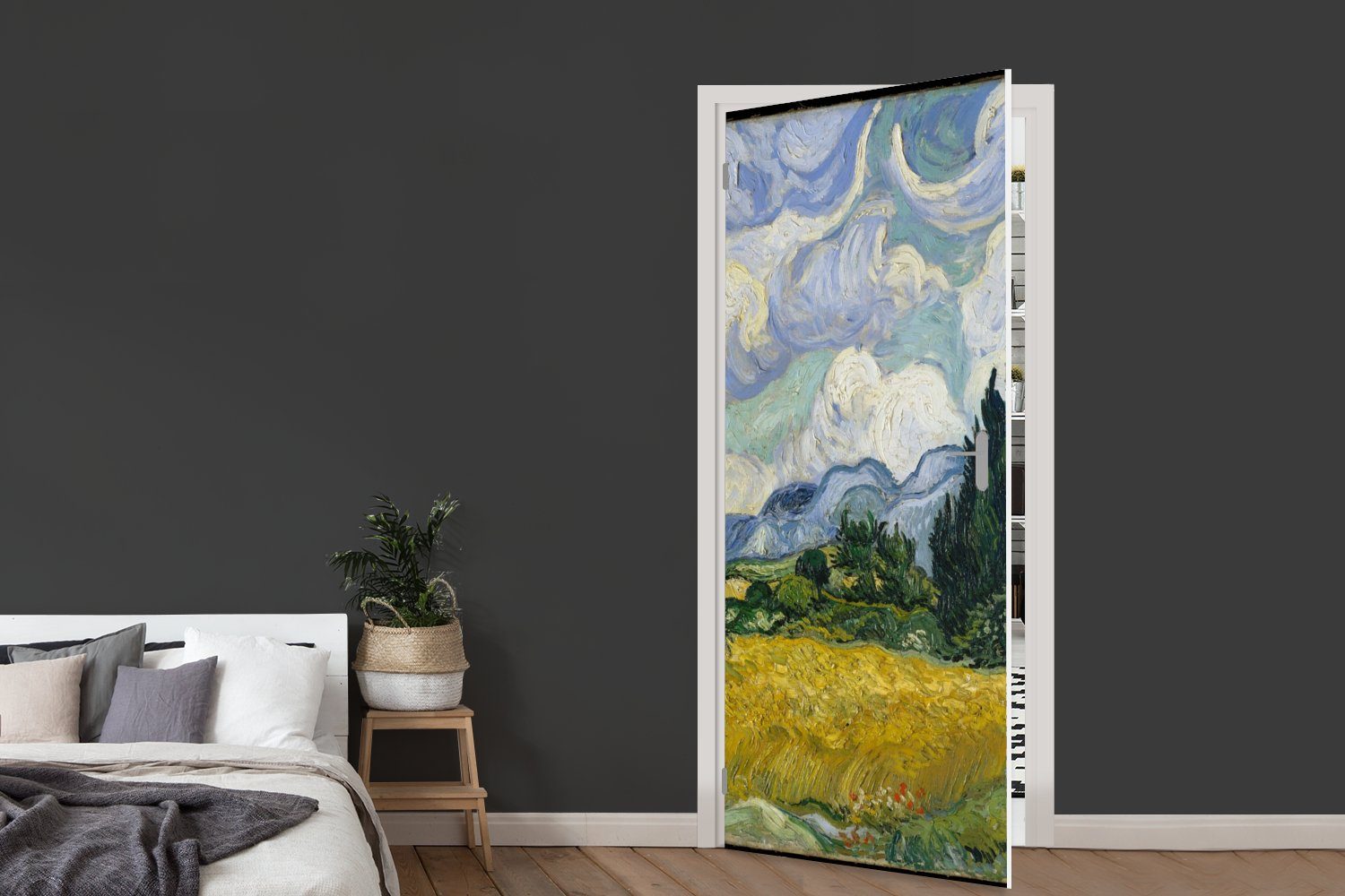 cm (1 Gogh, Weizenfeld mit 75x205 für bedruckt, Matt, van St), MuchoWow Vincent Tür, Türtapete Zypressen Fototapete - Türaufkleber,