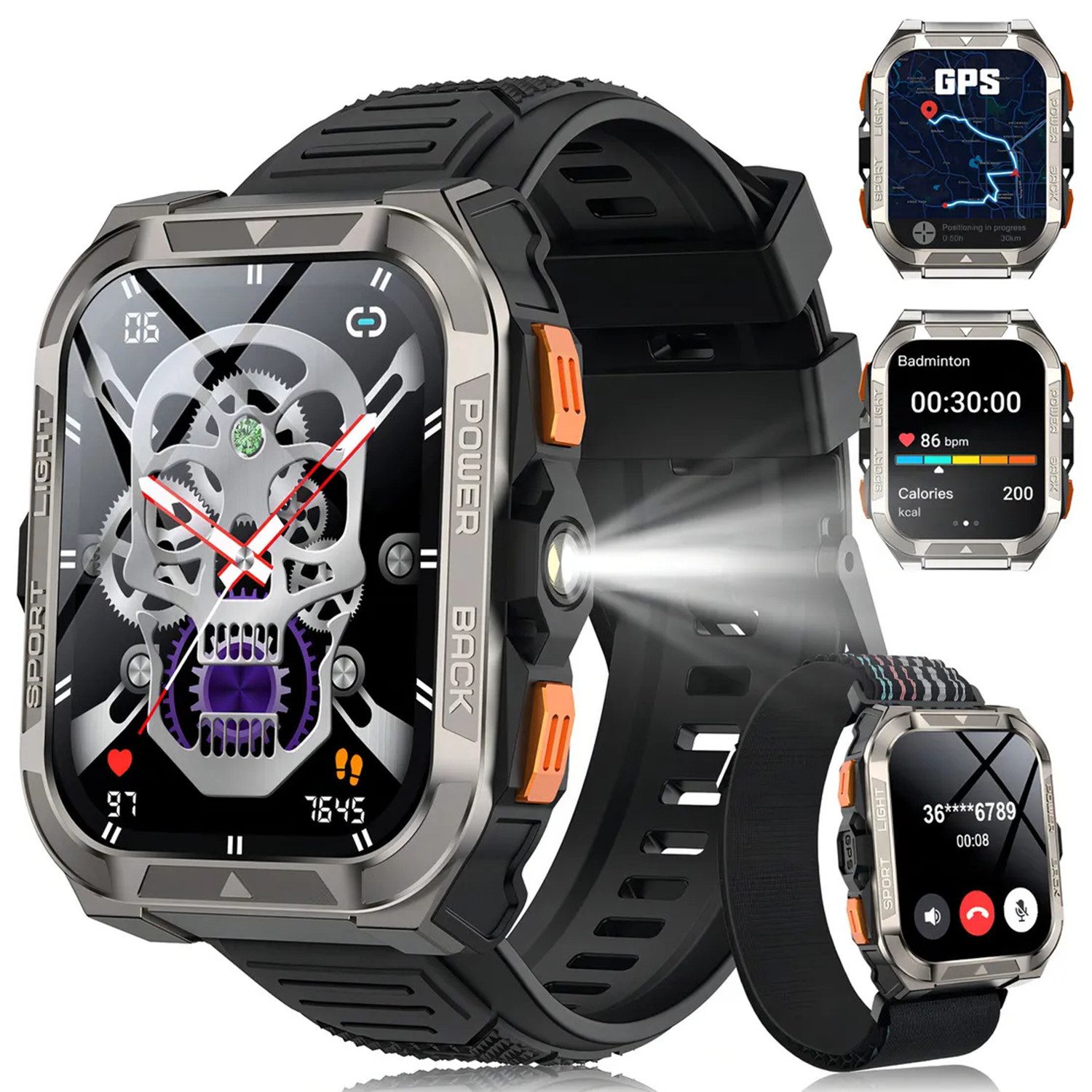 IOWODO Smartwatch Herren W80 Pro–GPS,Kompass 2.0,900mAh Akku,Bluetooth Anrufe Smartwatch Set, mit Wechselband aus weichemSilikon und Ladekabel, 15 Tage Akku,LED-Taschenlampe,SOS,IP68,Für Outdoor&Abenteuer,2 Armband