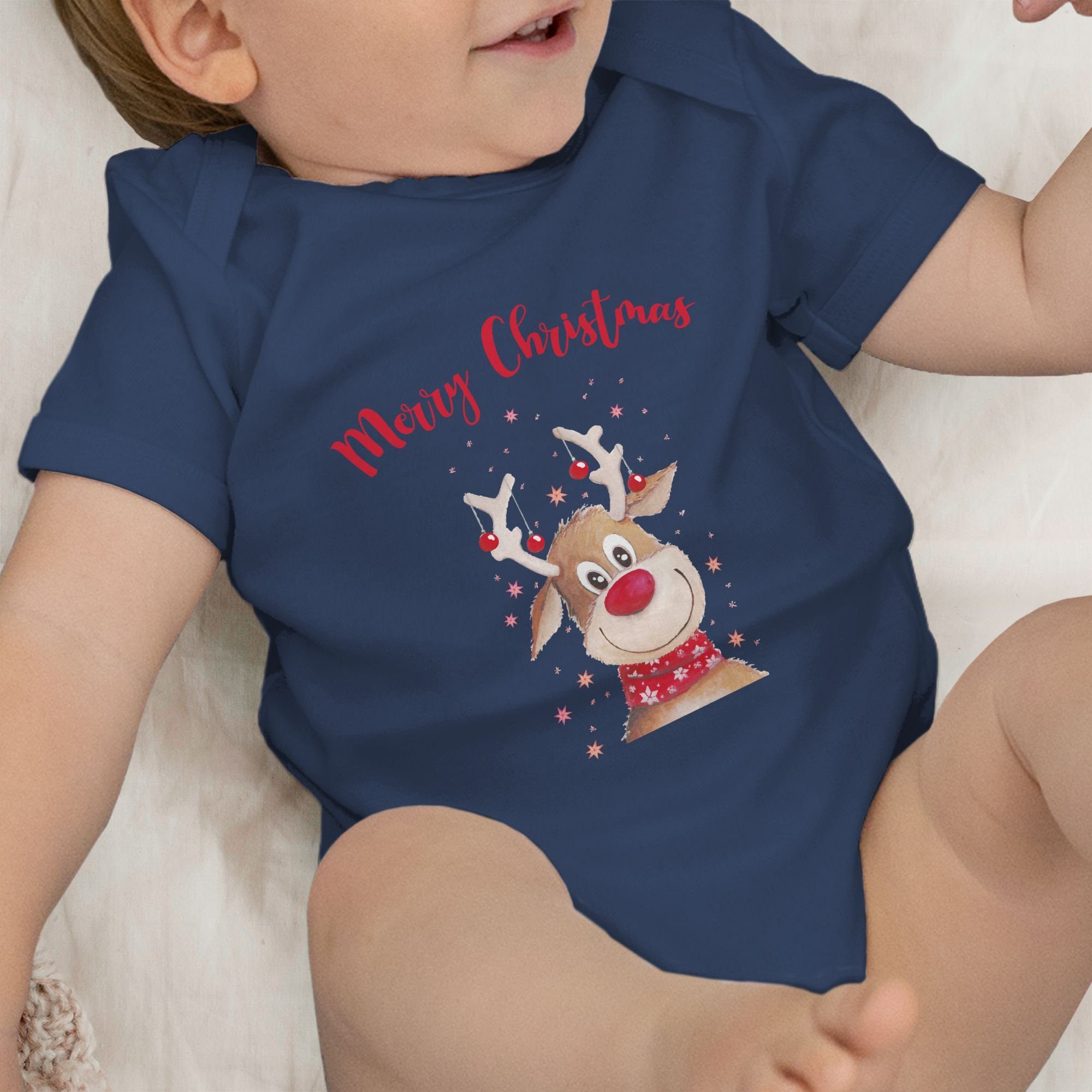 Shirtracer Kleidung Rentier Weihnachten Blau Sternen Shirtbody 3 mit Merry Christmas Navy Aquarell Baby