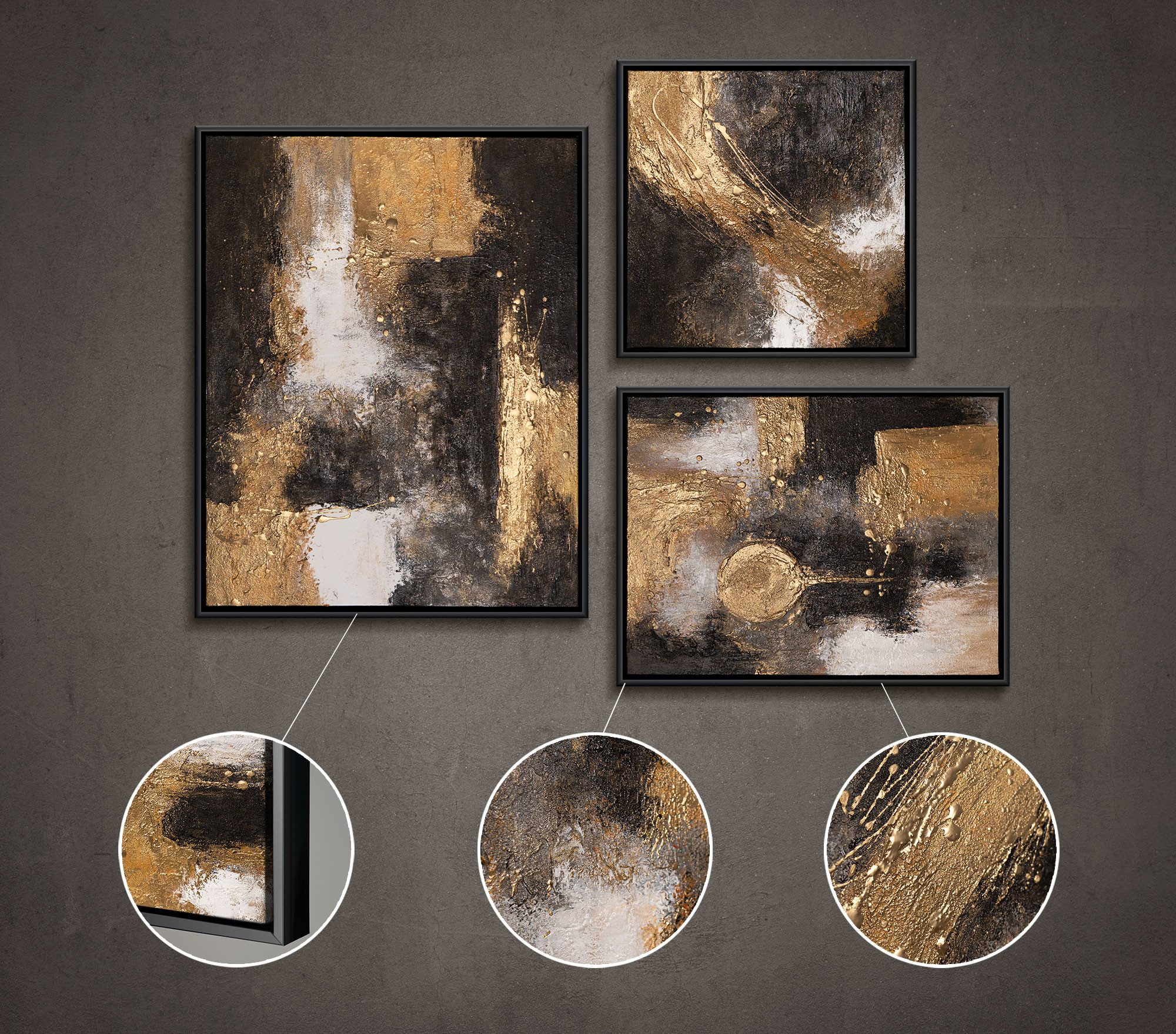 YS-Art Gemälde "Impuls", Abstrakte Kunst (Set, 3 St), Luxuriöses Wandbilder Set in Schwarz-Gold mit abstrakten Strukturen