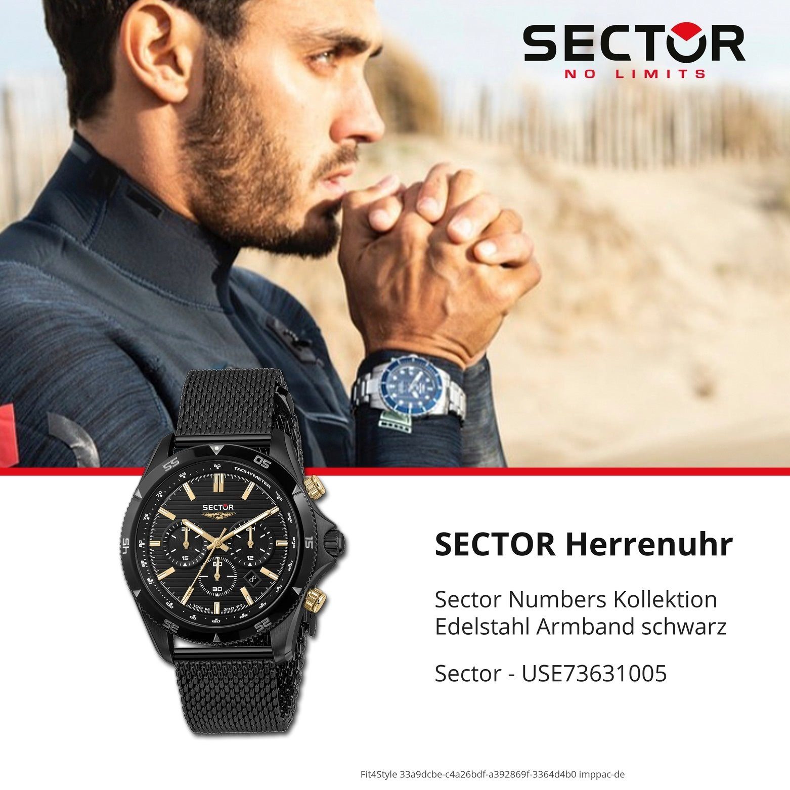 Herren groß Armbanduhr Chronograph Fashion Sector Armbanduhr Edelstahlarmband Sector (43mm) rund, Chrono, schwarz, Herren