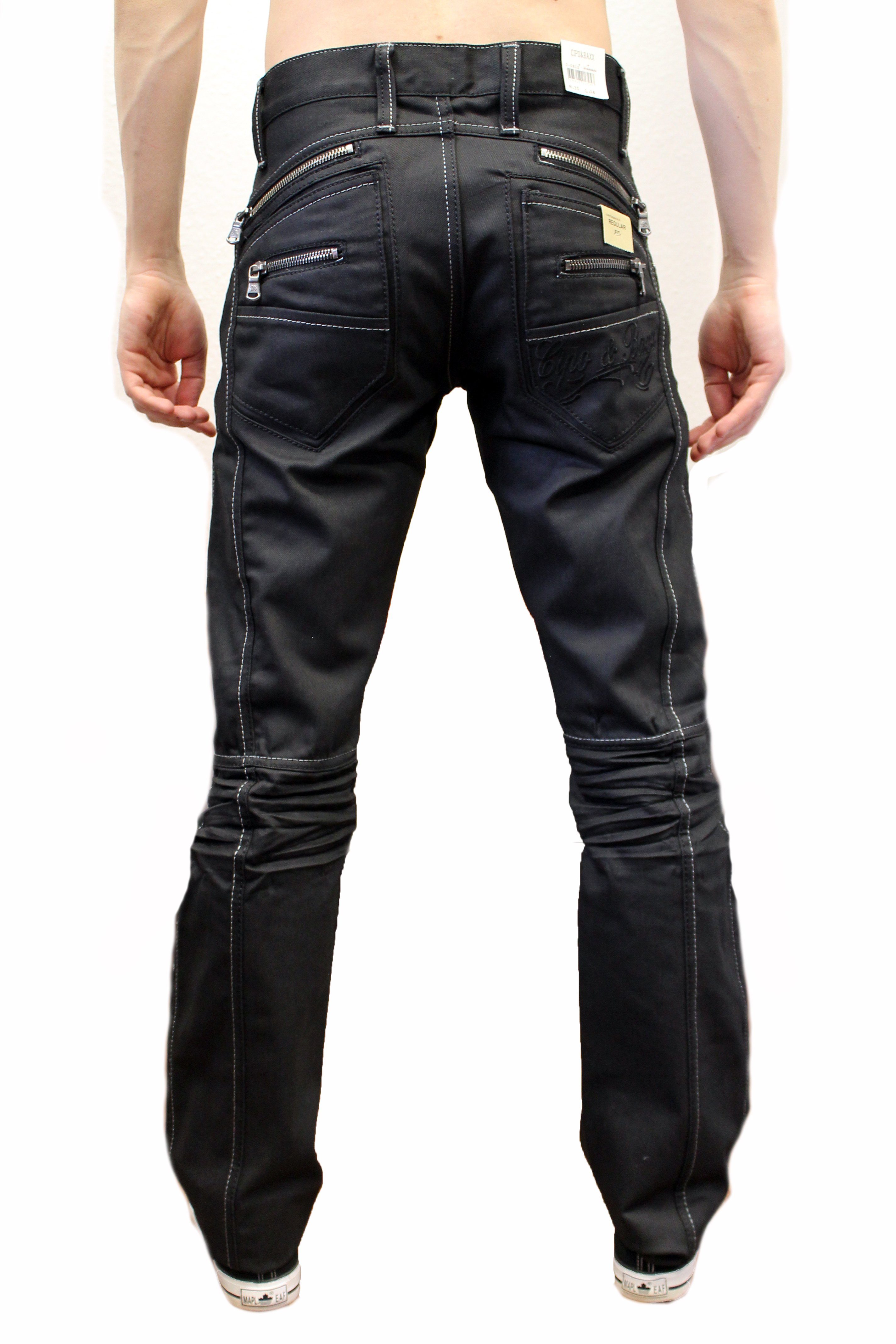 Herren Zipper Regular-fit-Jeans Baxx Kontrastnähte Waschung Hose ausgefallenem Cipo & und Design und stylische gewachster Jeans mit Weiße