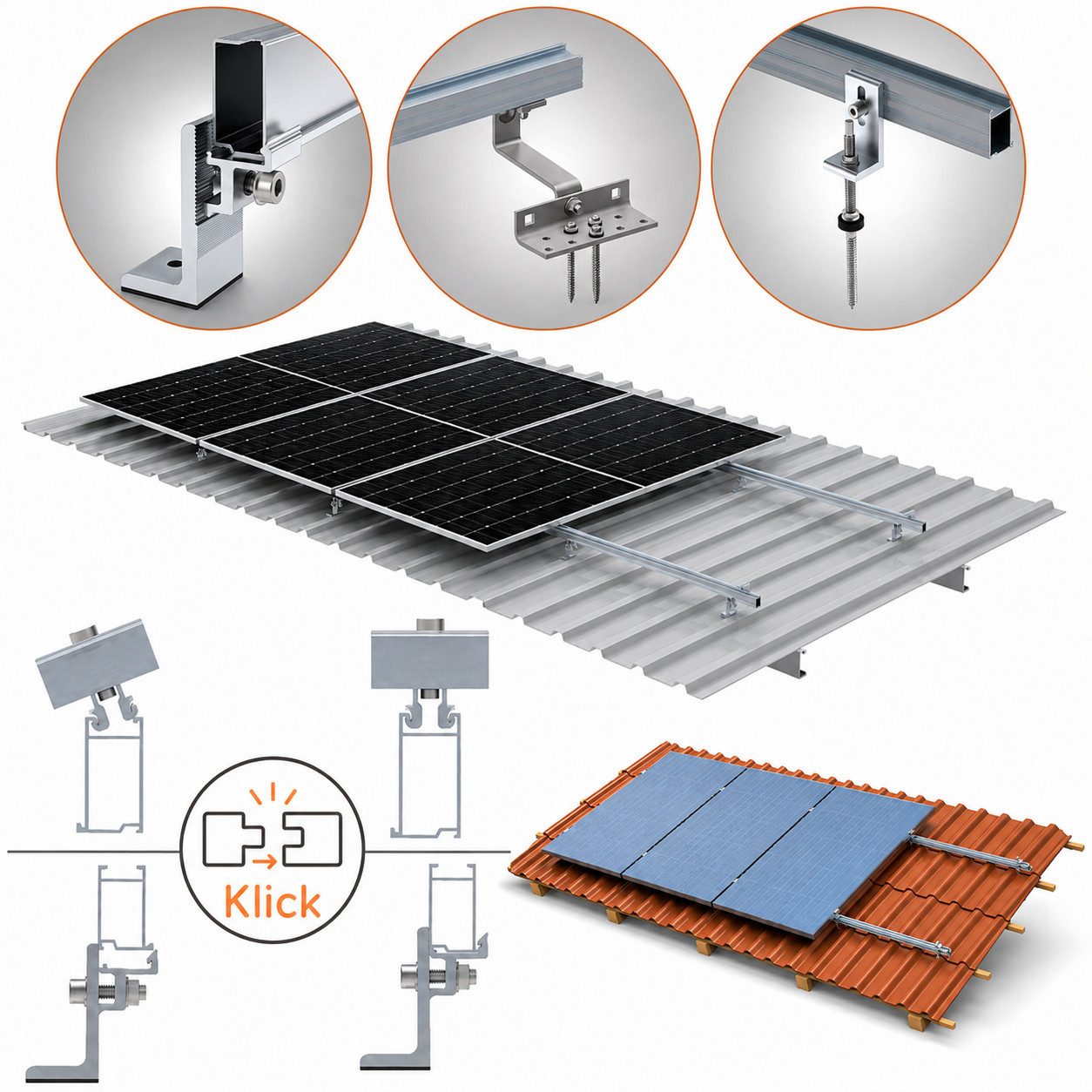 TZIpower Solarmodul-Halterung Solarpanel Halterung Klick-System Wellblechdach Ziegeldach PV Solar, (Easy Klick - System)
