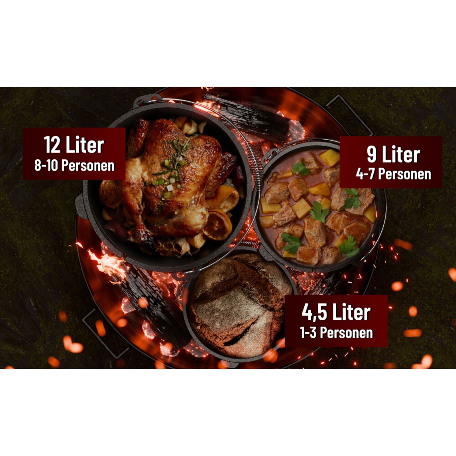 GUSSKÖNIG Grilltopf Dutch Oven 4,5 l mit Füßen mit 2in1 Deckelheber & Bürste, Gusseisen