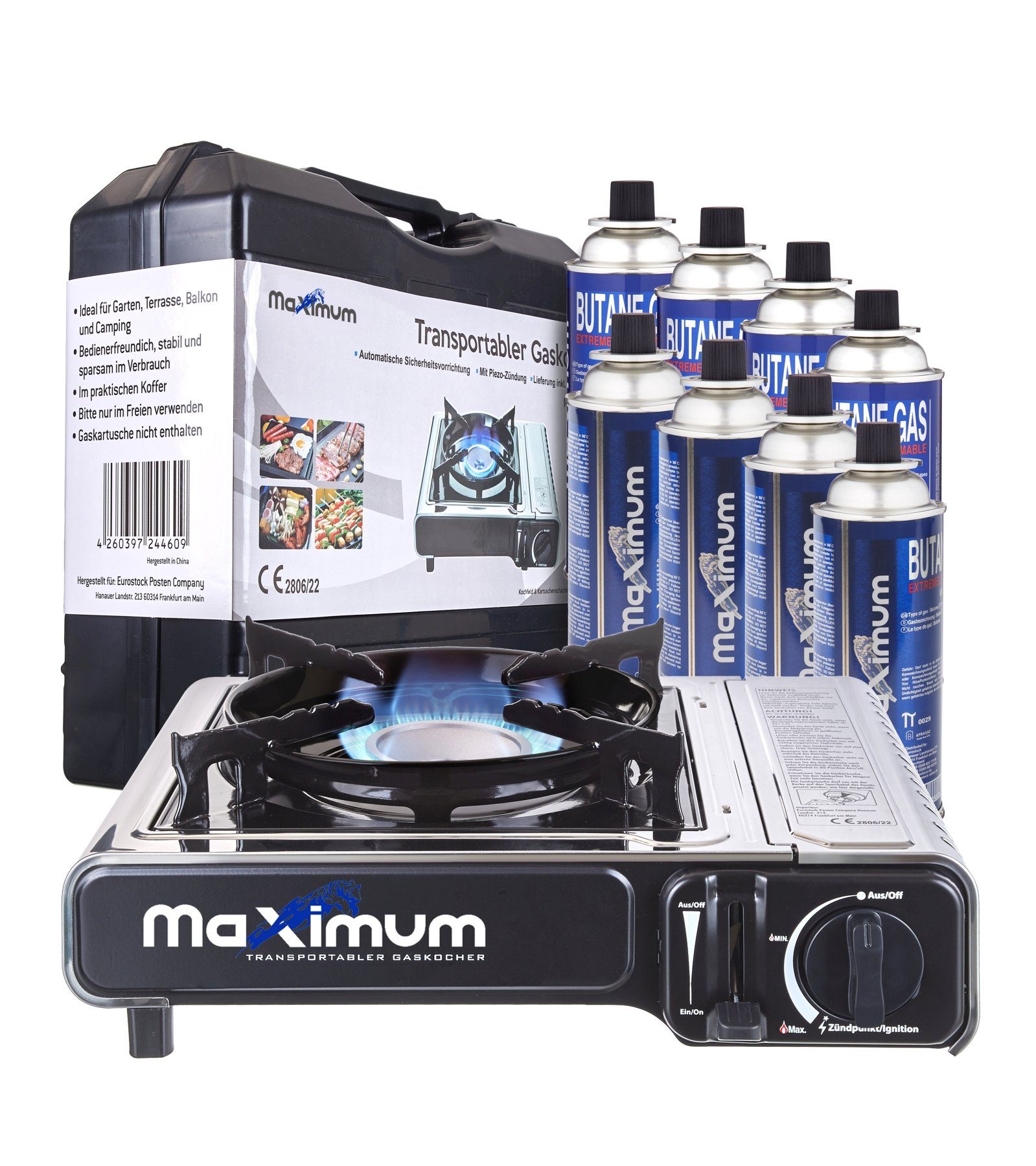 MaXimum Camping-Gasgrill Edelstahl Set - Perfektes für Outdoor-Enthusiasten & Campingliebhaber!, Kombi-Set, Edelstahl Kocher, MaXimum Gaskartuschen