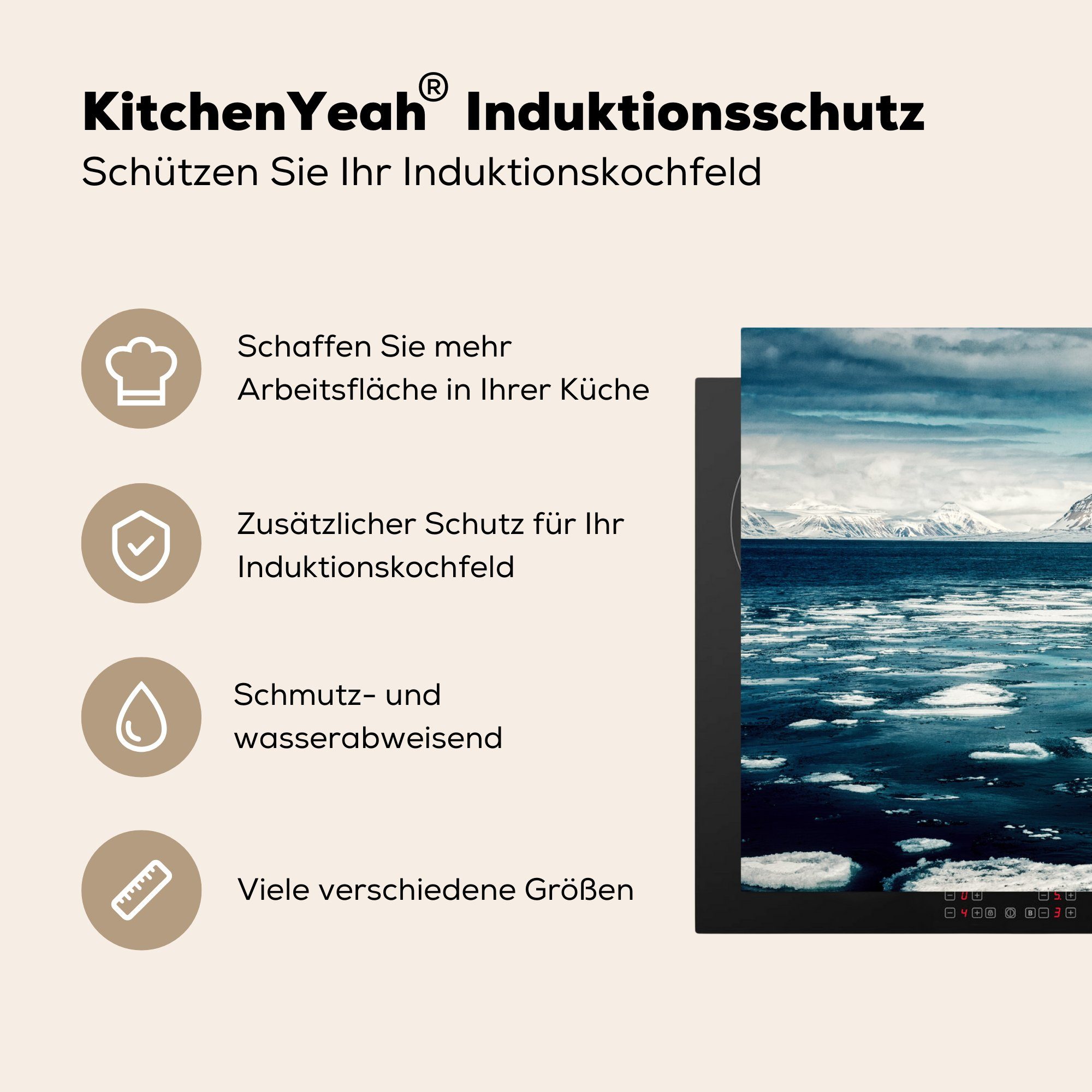 83x51 küche für Blick cm, den tlg), Gletscher, (1 Herdblende-/Abdeckplatte MuchoWow auf Ceranfeldabdeckung, Vinyl, Arbeitsplatte