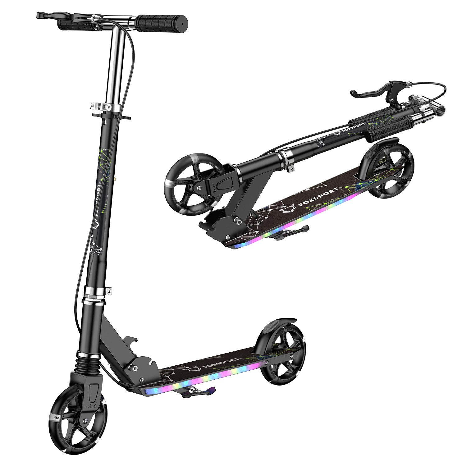 FOXSPORT Cityroller klappbar & höhenverstellbar, 1 km/h, Kick Scooter mit LED-Radlicht & Fußplattenbeleuchtung