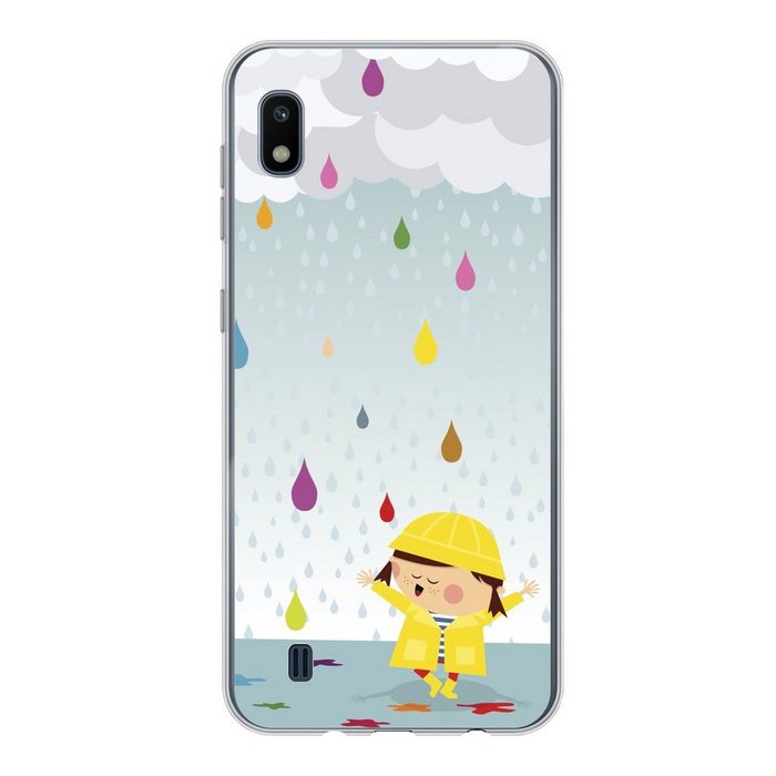 MuchoWow Handyhülle Illustration eines Kindes umgeben von bunten Wassertropfen Handyhülle Samsung Galaxy A10 Smartphone-Bumper Print Handy