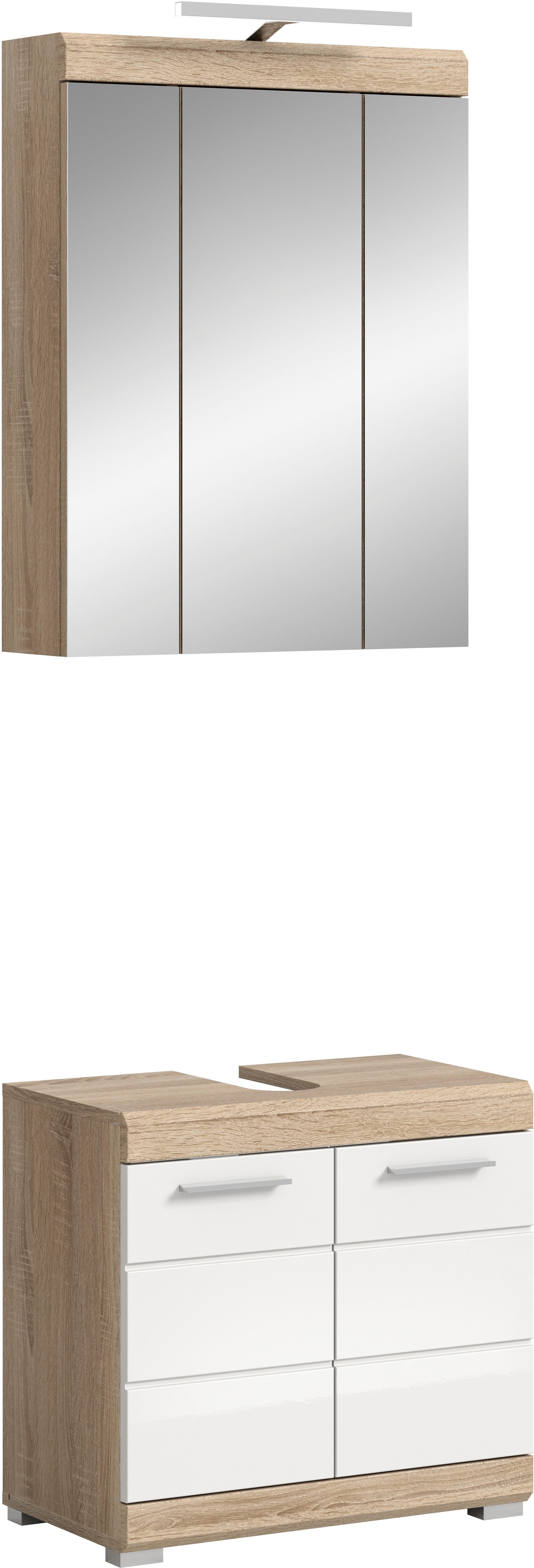 welltime Badmöbel-Set SIENA, 2 teilig, inklusive LED Beleuchtung, bestehend aus:, (Set, 2-St., TOPSELLER), Waschbeckenunterschrank, Spiegelschrank, LED Badaufsatzleuchte