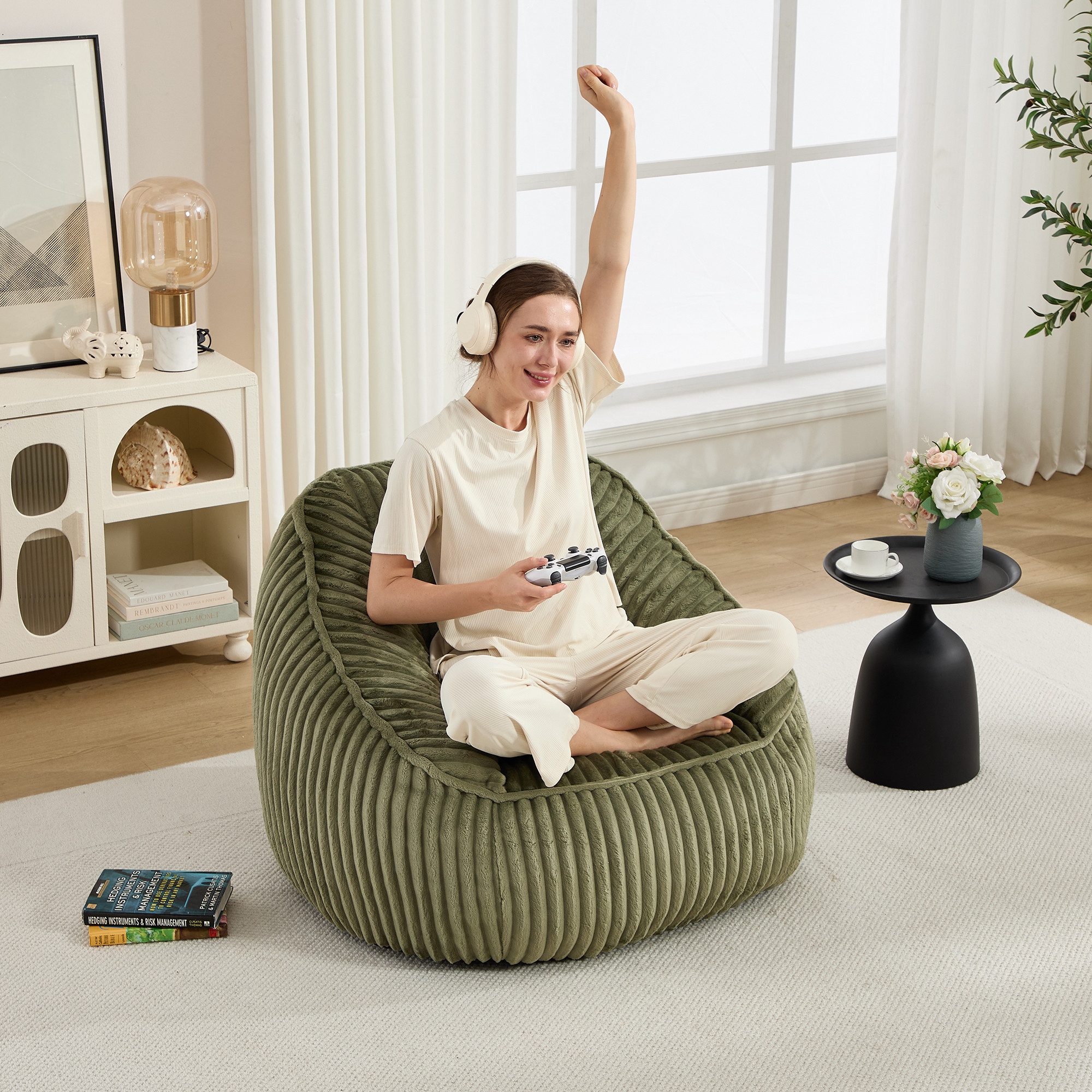 i@home Sitzsack Bean Bag Stuhl mit Memory-Schaumstofffüllung, Sitzsack, Lounge Sessel (1 St), gestreifter Blasen-Plüsch, flauschig gemütlicher Sitzsack, Olivgrün
