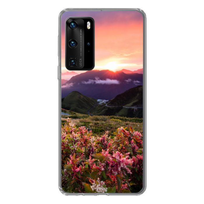 MuchoWow Handyhülle Blumen - Berge - Landschaft - Nacht - Himmel - Rosa Handyhülle Huawei P40 Pro Handy Case Silikon Bumper Case