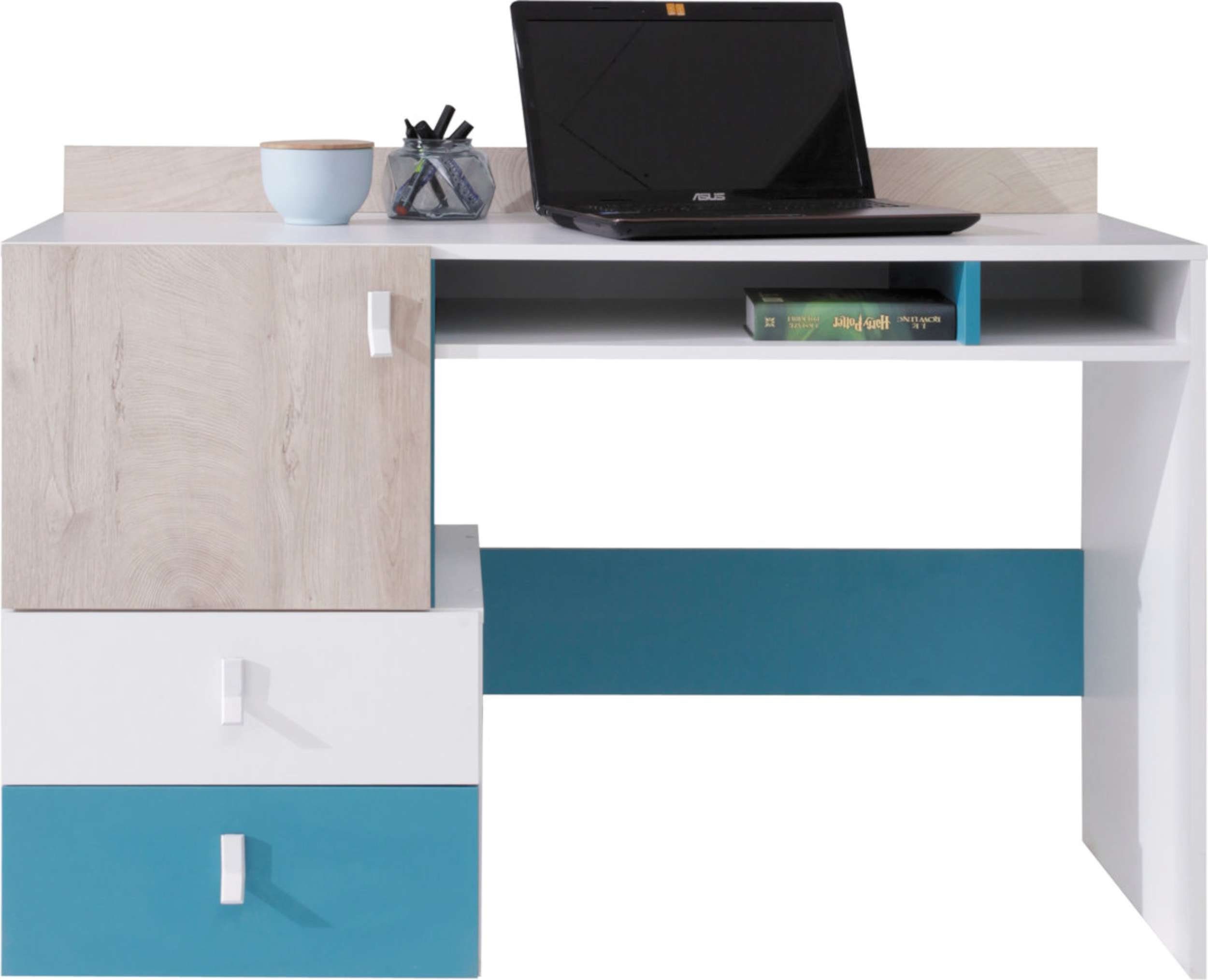 Stylefy Schreibtisch Sirius (Computertisch, Bürotisch), mit Schubladen, aus Holzwerkstoff, viel Stauraum, Modern Design Weiß Hochglanz - Eiche - Meerblau
