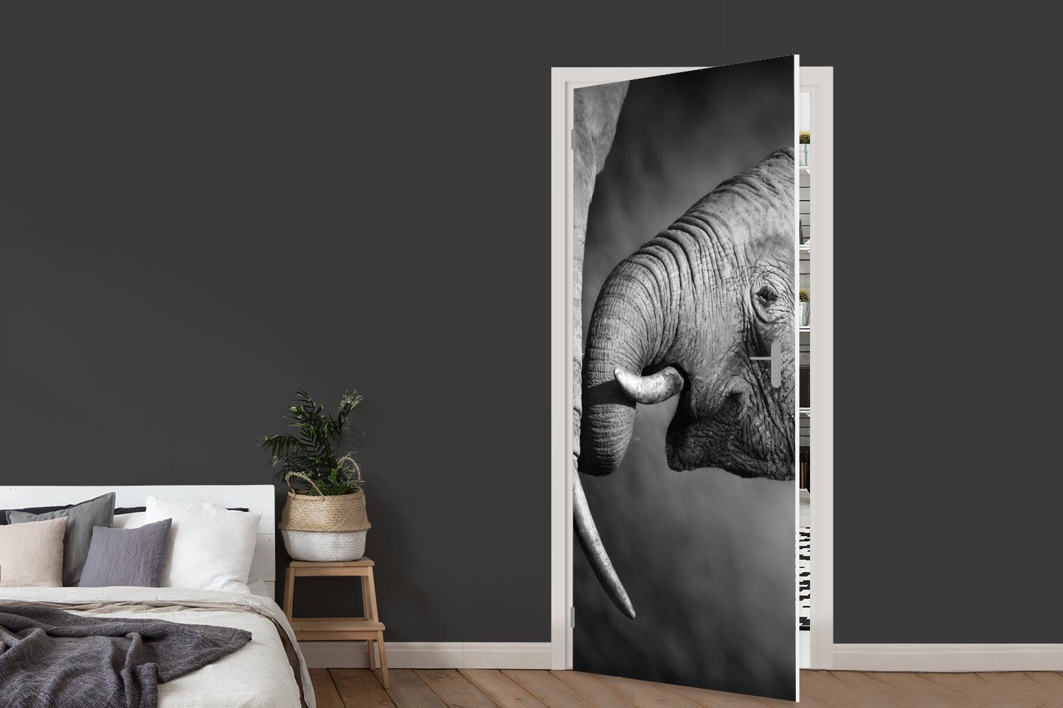 Schwarz - (1 Fototapete Porträt, - Weiß Wildtiere Tür, Matt, MuchoWow - cm St), 75x205 Elefant bedruckt, für Türaufkleber, Türtapete -