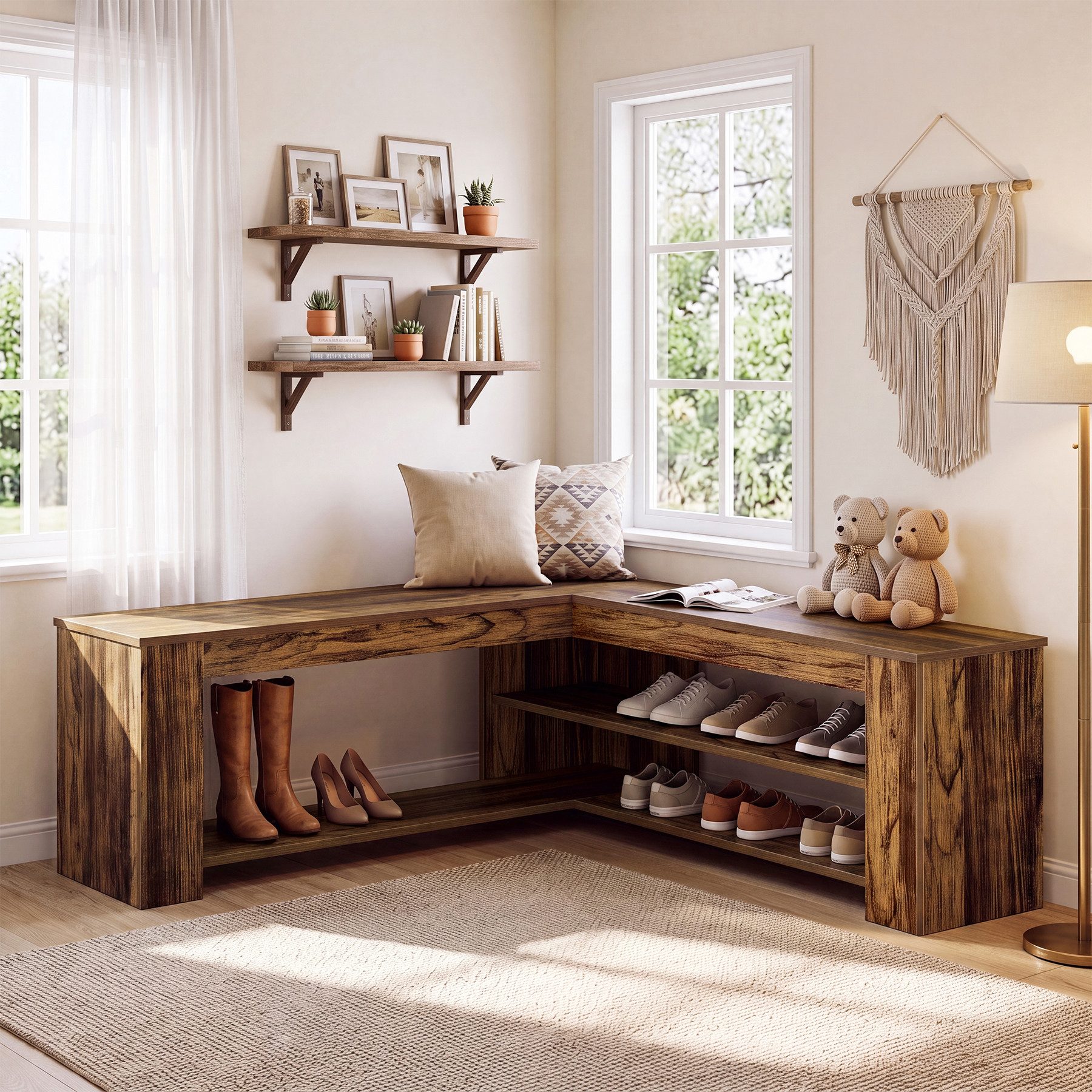 Tribesigns Schuhbank 120 cm L-förmige Eingangsbank mit Stauraum, robuste Konstruktion (Landhausstil Sitzbänke mit offener Stauraum für Eingangsbereich, Esszimmer, Wohnzimmer)