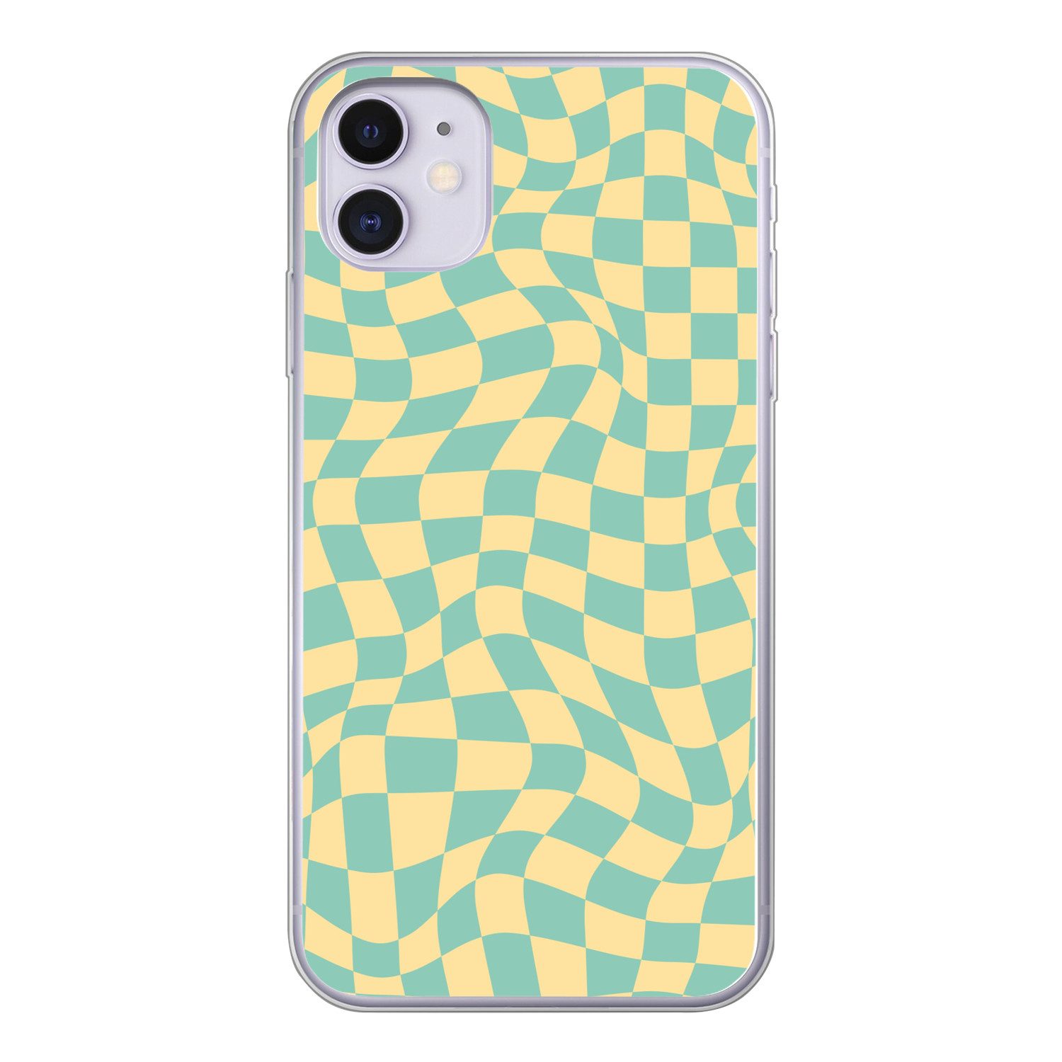 MuchoWow Handyhülle für Apple iPhone 11 Quadratisches Muster - Gelb - Blau - Wellenlinien, Smartphone-Bumper, Print, Handy Schutzhülle Dünn