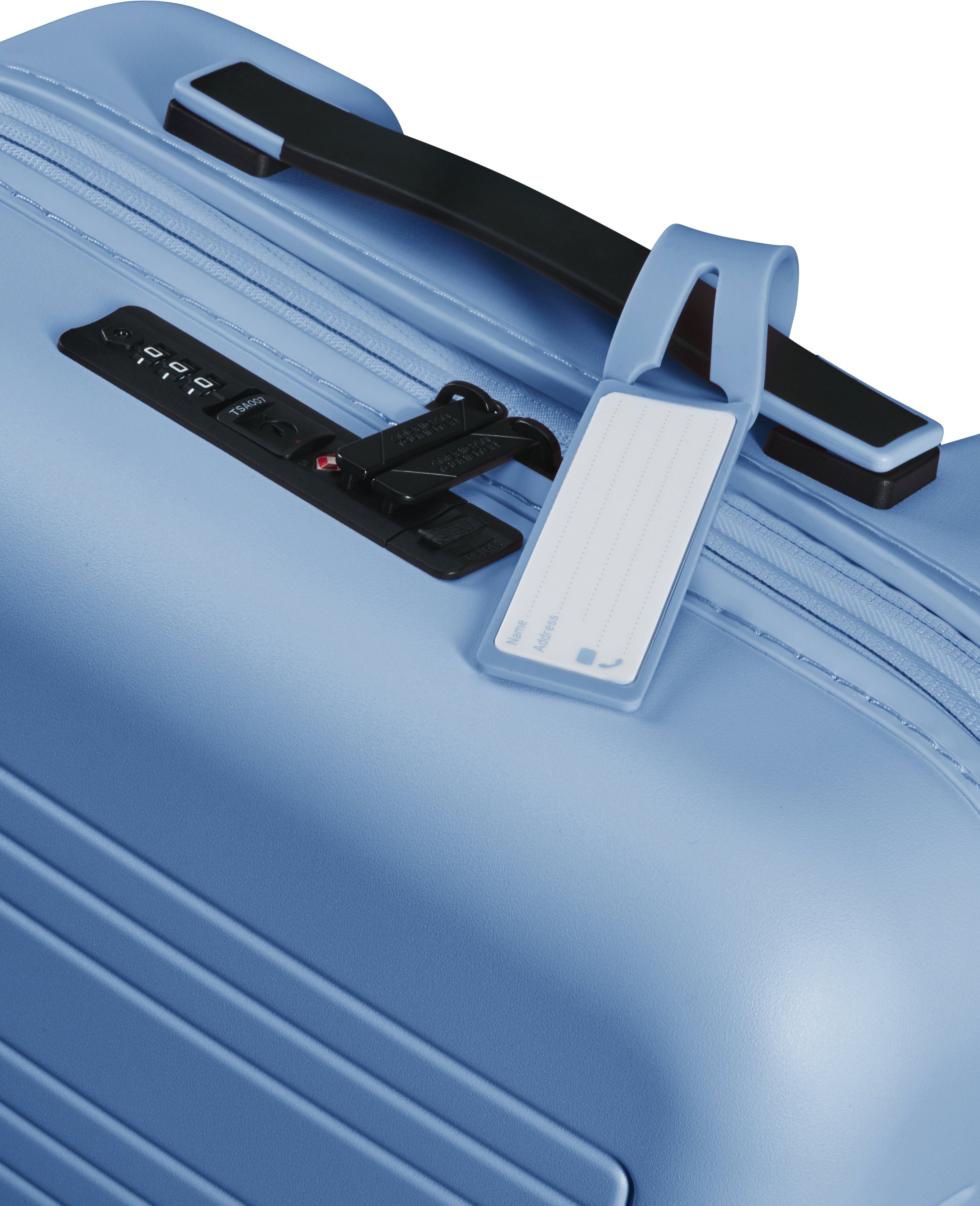 Rollen, Pastel Volumenerweiterung und cm, Novastream, Blue American Tourister® Hartschalen-Trolley mit 4 55 USB-Schleuse
