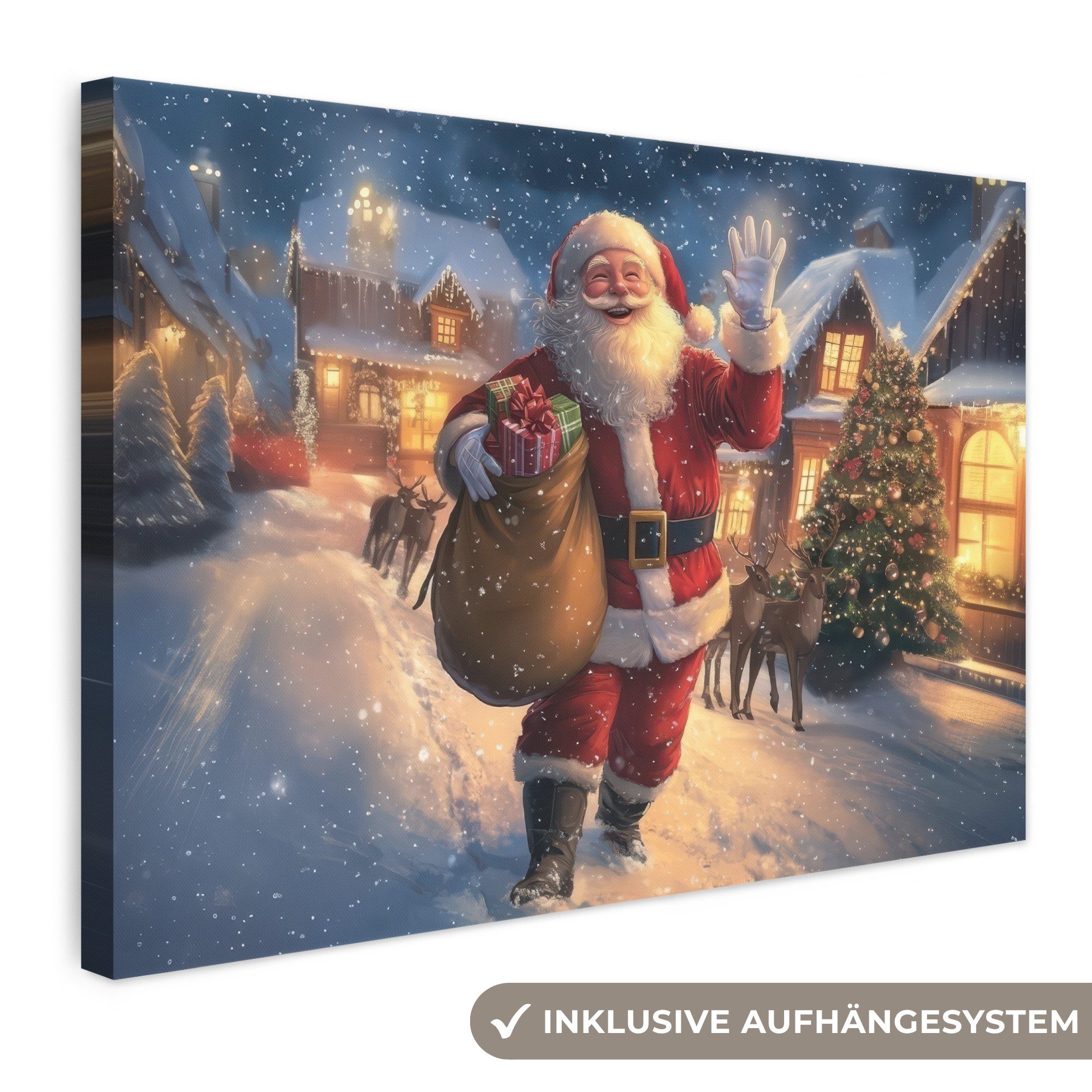 OneMillionCanvasses® Leinwandbild Weihnachtsmann - Dorf - Hirsche - Dunkelheit, Fotodruck (1 St), Leinwand Bilder Klein, Wand Dekoration Aesthetic 30x20 cm