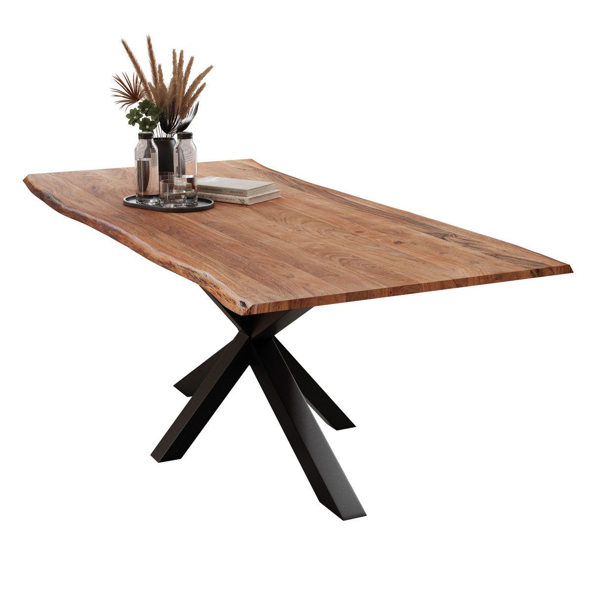 Liadomo Baumkantentisch Stella, Akazie Massivholz Tischplatte mit Spider-Gestell, sieben Größen