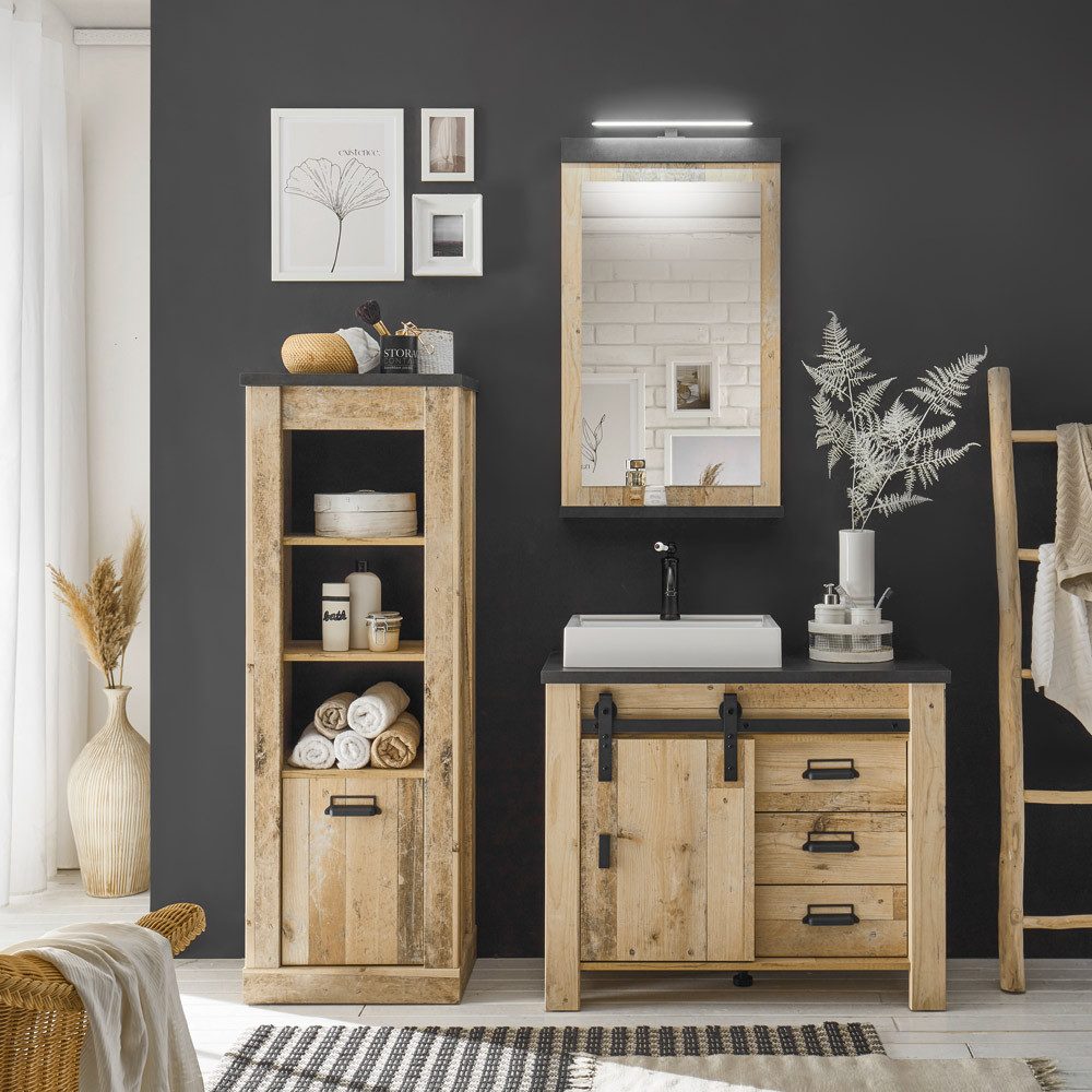 Lomadox Badmöbel-Set SHELTON-61, (Spar-Set, 3-St), Badmöbel Set in Old Style hell Nb. mit anthrazit, : 166/210/43 cm