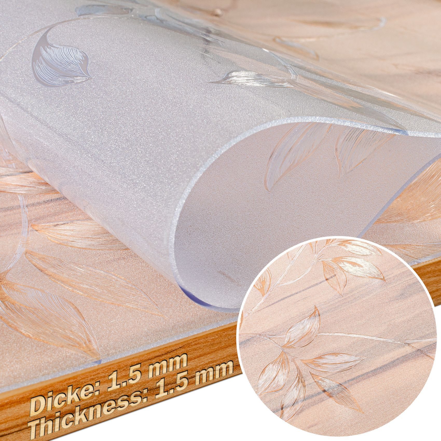 ANRO Tischdecke FLOKY Blatt mattiert einseitig 1,5mm Tisch Schutzfolie Geruchsneutral (Rolle 1-tlg, eine Folie), Pflegeleicht 90x100cm Prägung mit Motiv Weiß