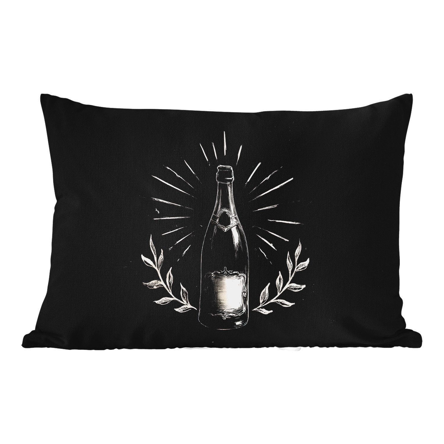 MuchoWow Dekokissen Champagnerflasche - Lorbeerzweige - Schwarzer Hintergrund, Outdoor-Dekorationskissen, Kissen, Kissenbezug, 50x30 cm