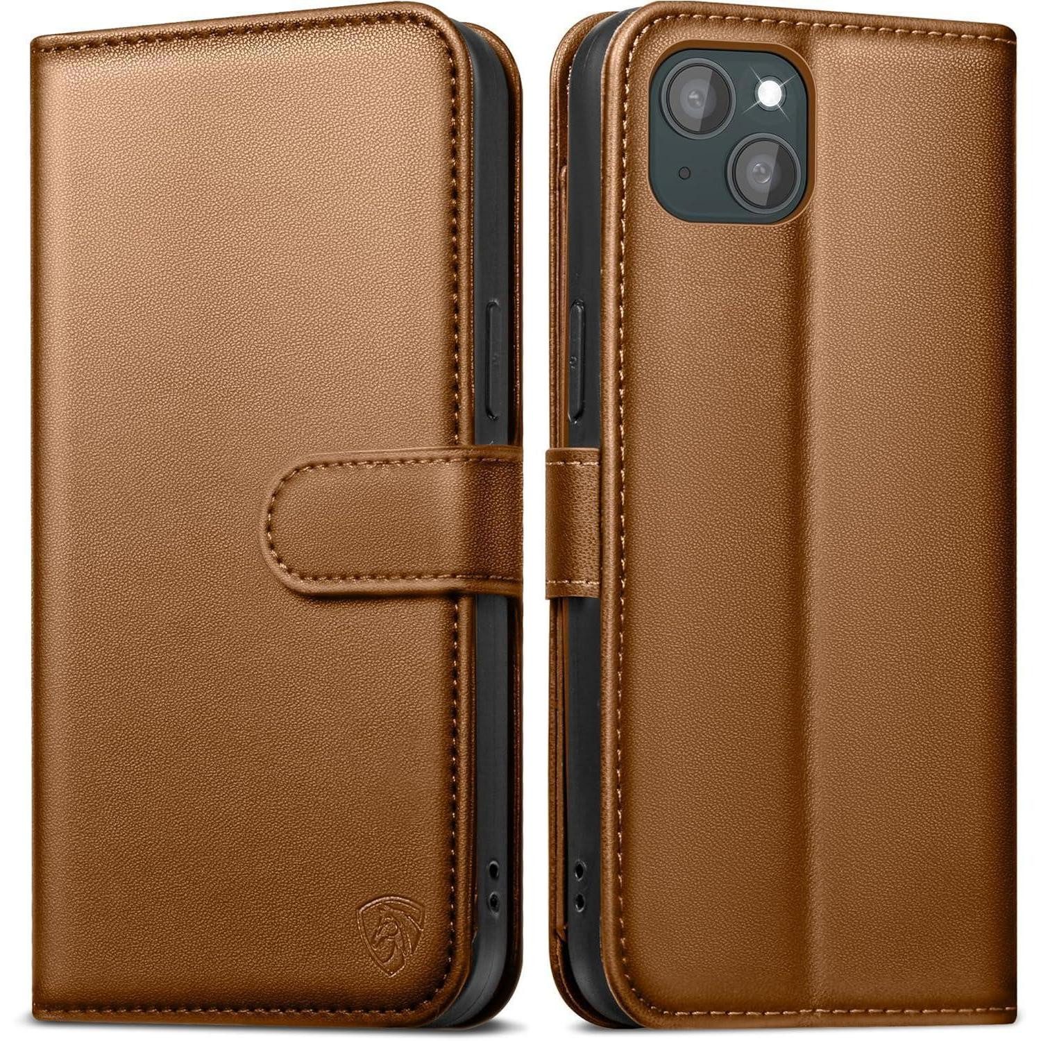 LuxusKollektion Flip Case Handyhülle für iPhone 14 Lederhülle mit Panzer Schutz Glas Braun