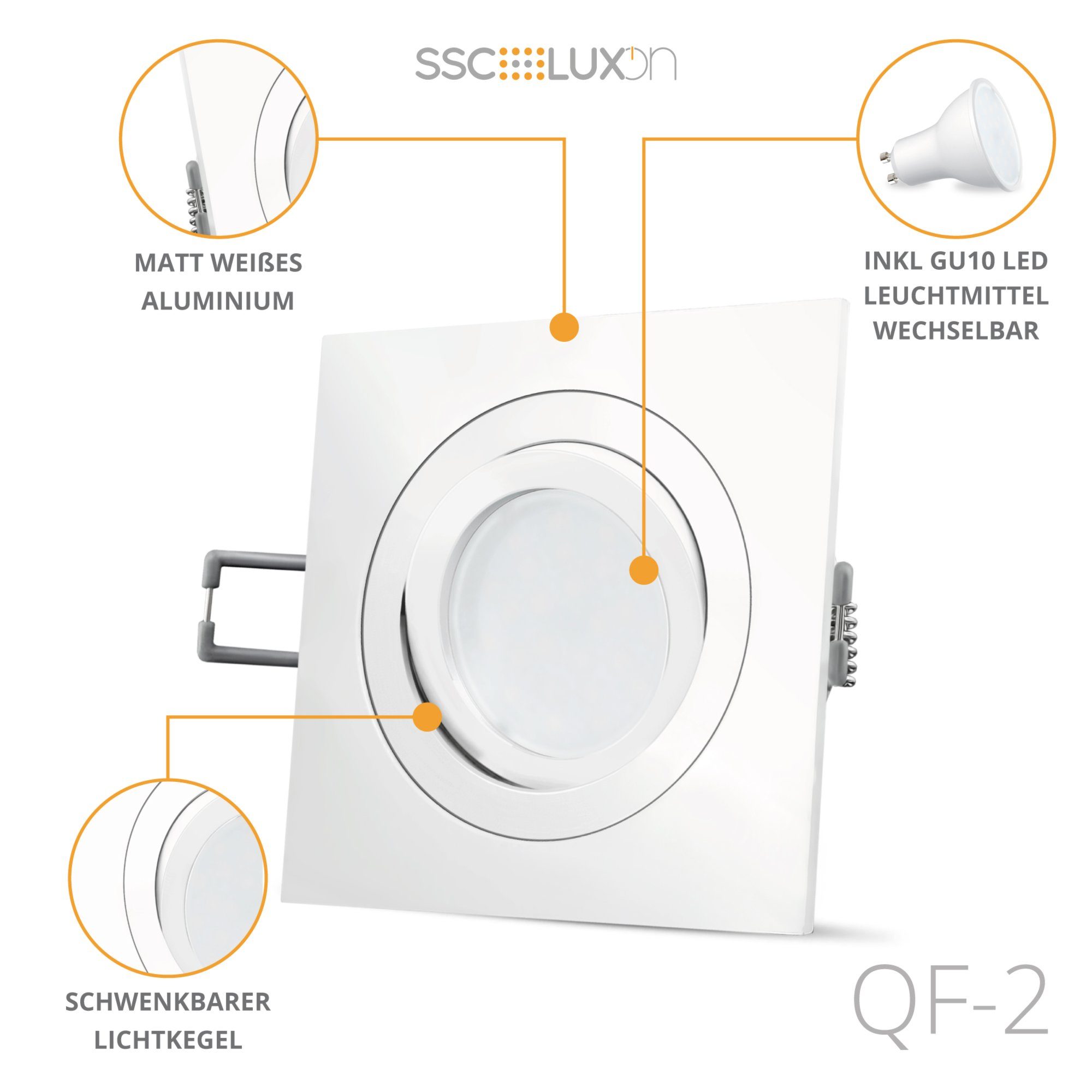 SSC-LUXon LED Einbaustrahler weiss LED Einbauleuchte Einbaustrahler LED QF-2 schwenkbar GU10, mit Neutralweiß