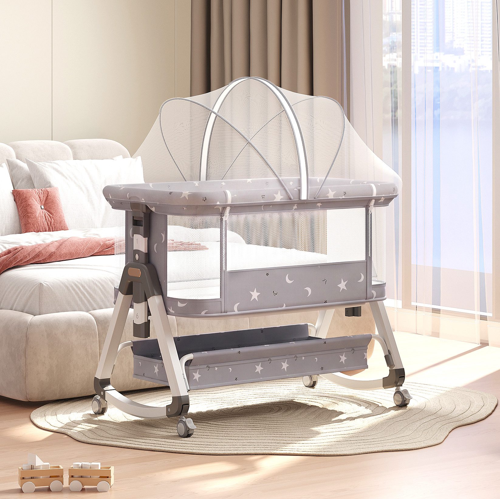 oyajia Beistellbett 3 in 1 Beistellbett Stubenwagen Babybett Baby Reisebett, 6-stufige Höhenverstellung, mit Rollen, Moskitonetz und Matratze