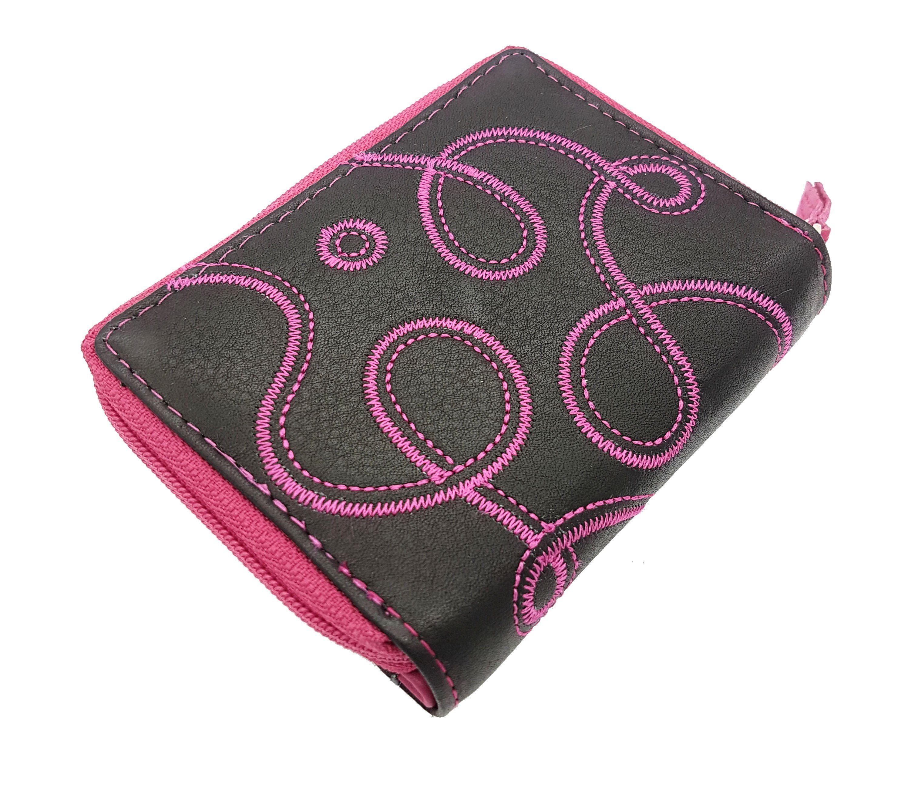 JOCKEY CLUB Mini Geldbörse Reißverschlussmünzfach Stickerei, RFID Schutz Damen Portemonnaie "Loop", Pink Leder mit kleines mit echt