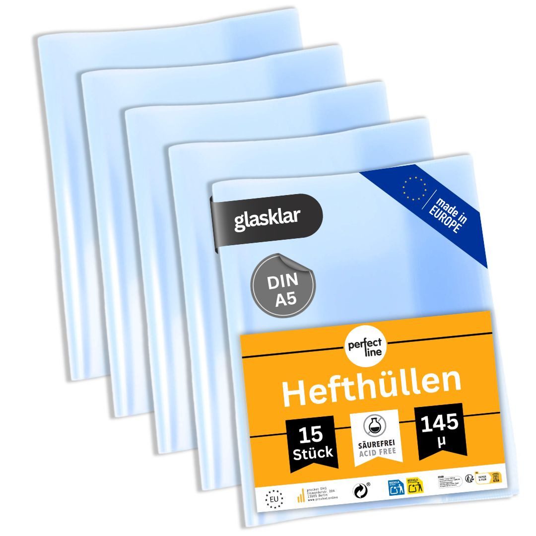 perfect line Schulheft 15 Hefthüllen DIN A5 PP glasklar extra stark, 145 my, dokumentenecht, Made in EU