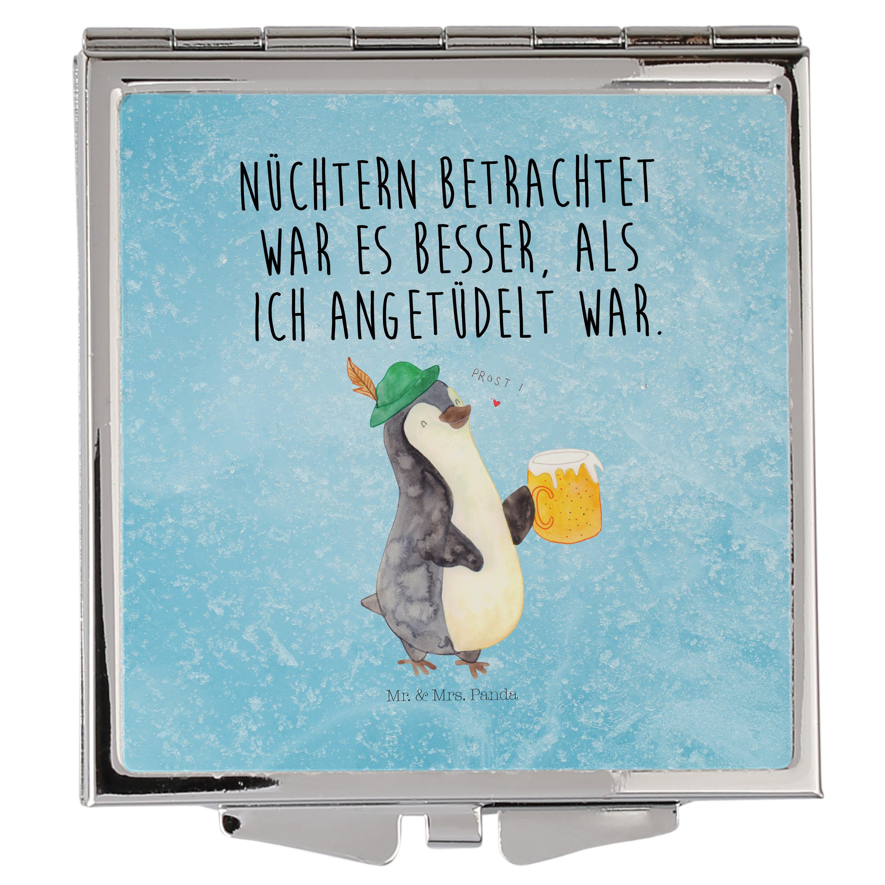 Mr. & Mrs. Panda Kosmetikspiegel Pinguin Bier - Eisblau - Geschenk, Quadrat, Oktoberfest, Feierabend, (1-St)
