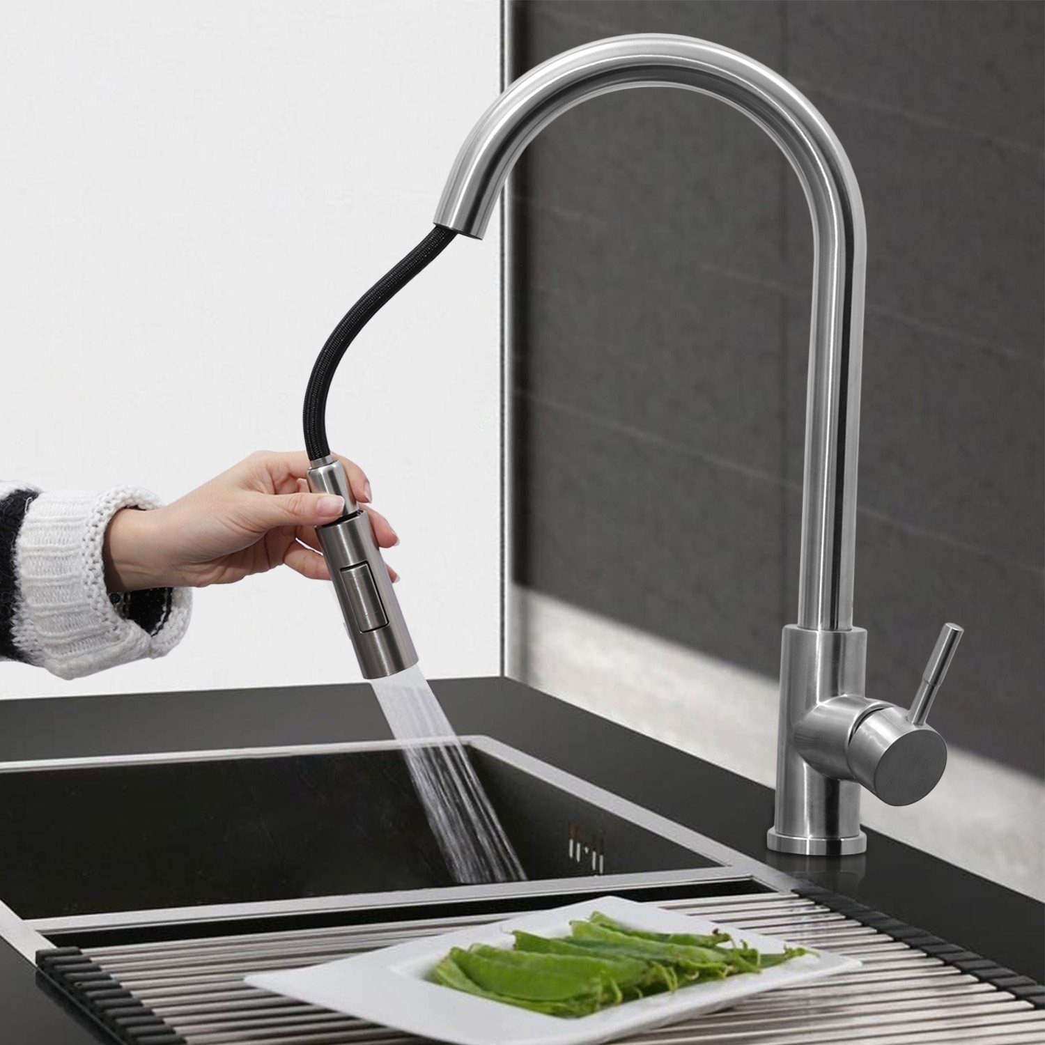 Ausziehbar Küchenarmatur Wasserhahn Spültischarmatur mit 360° Brause Edelstahl 