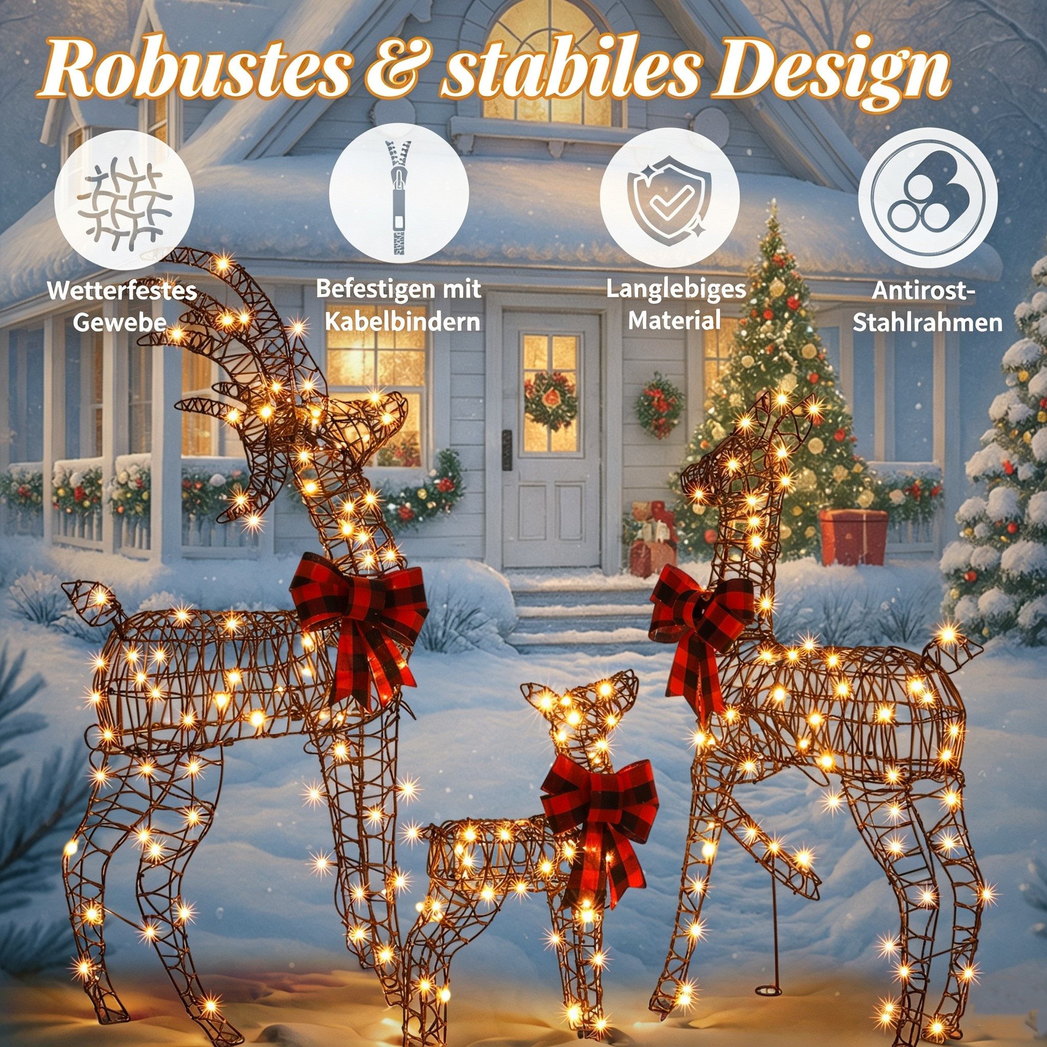 VINGLI LED-Dekofigur Leuchtendes Weihnachtsdeko, 3-teiliges Rentier-Familien-Set, Weihnachtsfigur mit 210 Warmweiße Lichtern, Wetterfest, 122 cm, Braun – Bild 3 von 5
