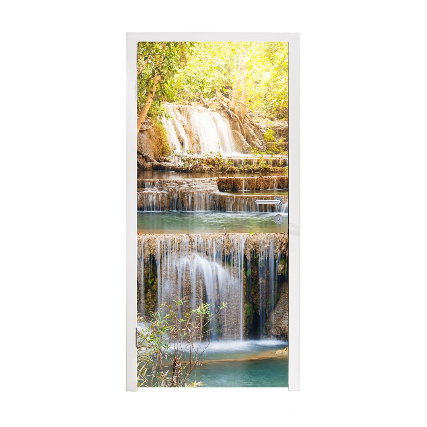 Matt, Fototapete - MuchoWow Türaufkleber, (1 für Sonne bedruckt, 75x205 cm St), Landschaft, Türtapete Wasserfall Tür, -