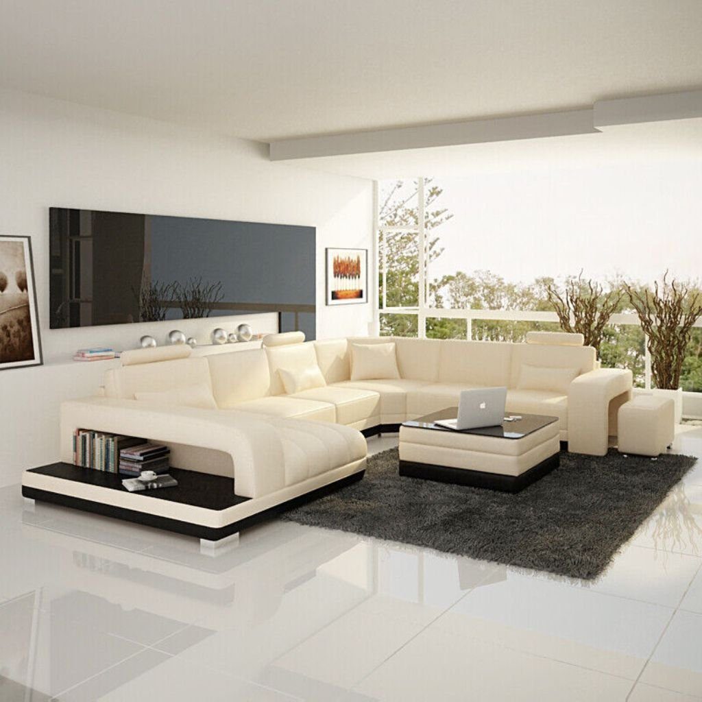 JVmoebel Ecksofa Design Leder Wohnlandschaft Eck Sofa Moderne Garnitur Couch Ecke USB Weiß