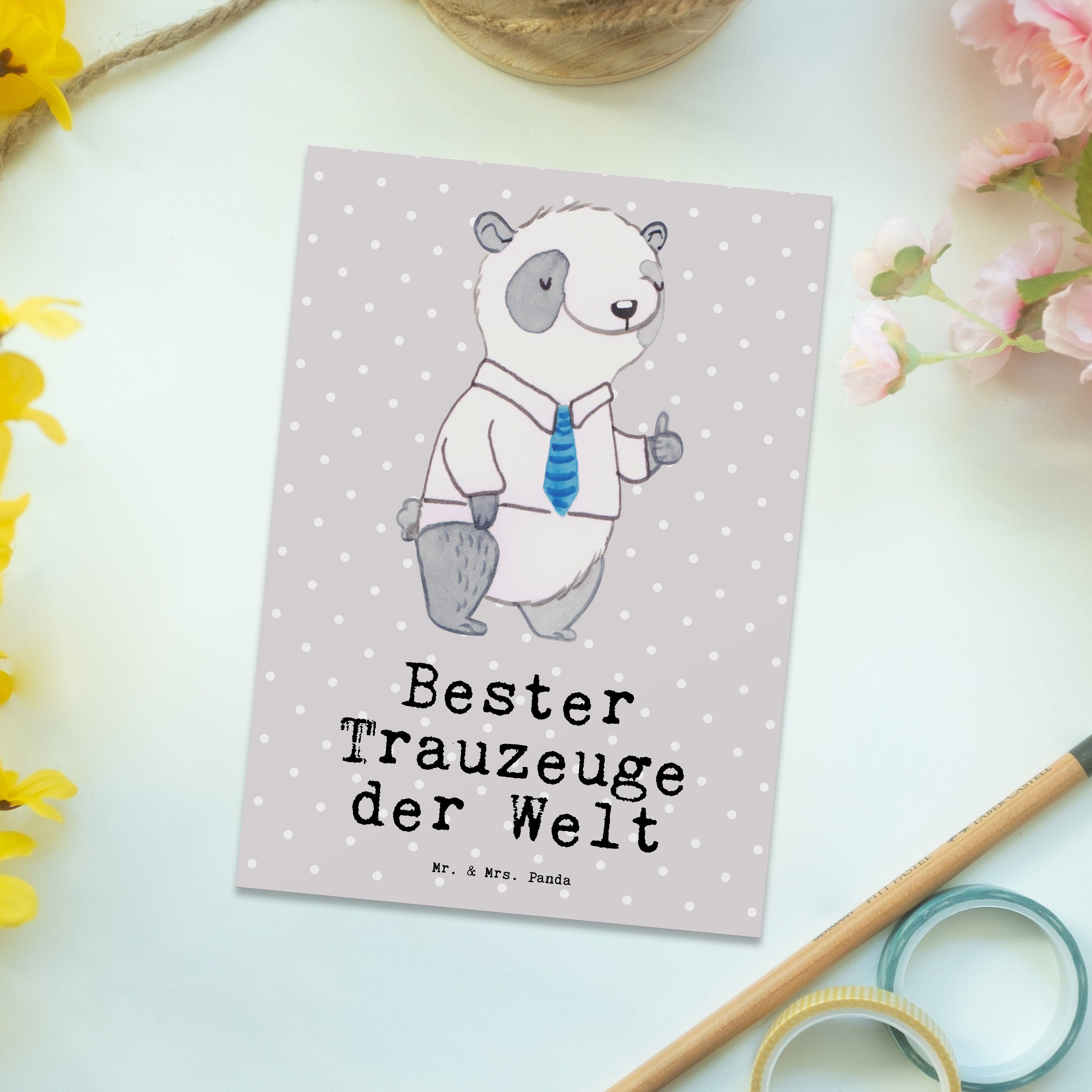 Mr. & Mrs. Panda Postkarte Panda Bester Trauzeuge der Welt - Grau Pastell - Geschenk, Bräutigam