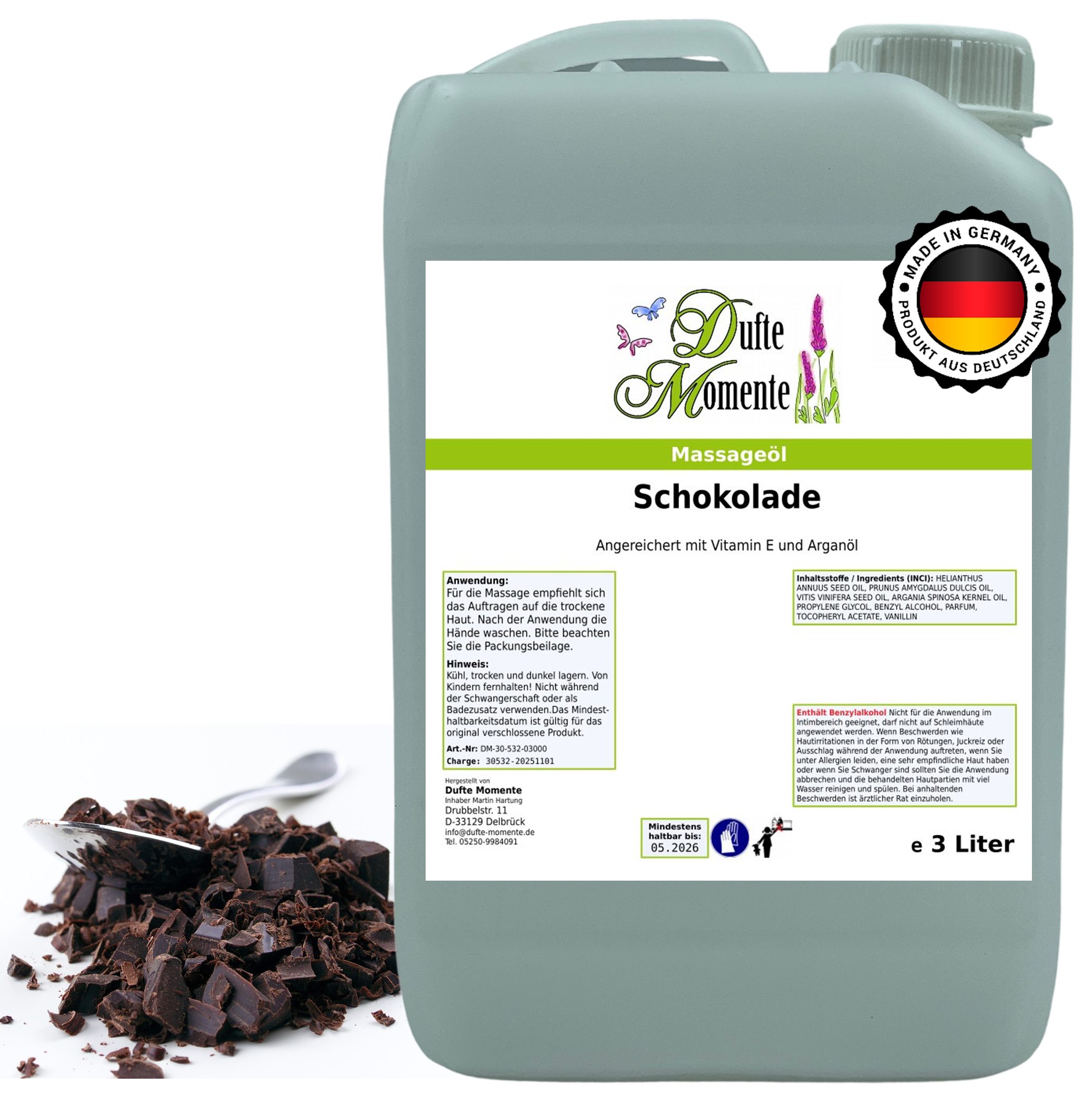 Dufte Momente Massageöl Schokolade 250ml - 3 L, hochwertige Pflanzenöle als Basis, vegan und ohne Tierversuche