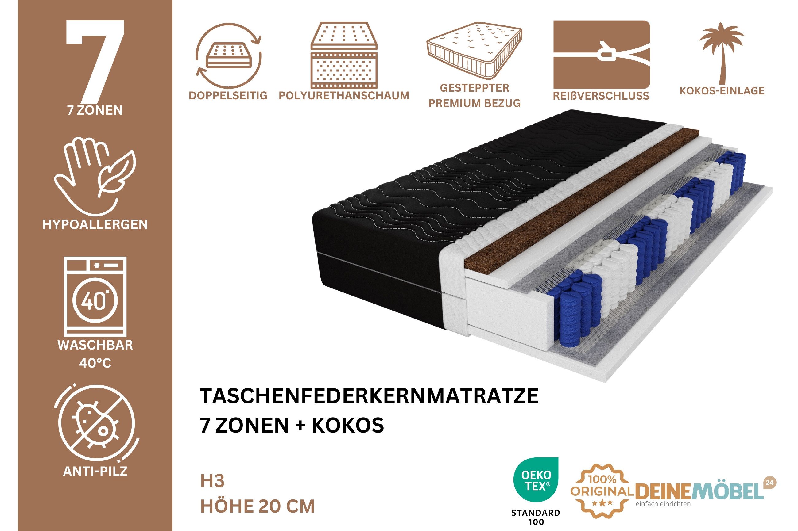 Taschenfederkernmatratze Taschenfederkern-Matratze 7 Zonen 20 cm Härtegrad günstig online kaufen