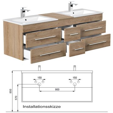 Lomadox Badmöbel-Set NEWLAND-02, (Spar-Set, 3-St), Eiche hell 2 Waschbecken Spiegelschrank Hochschrank 206/185/46,3 cm