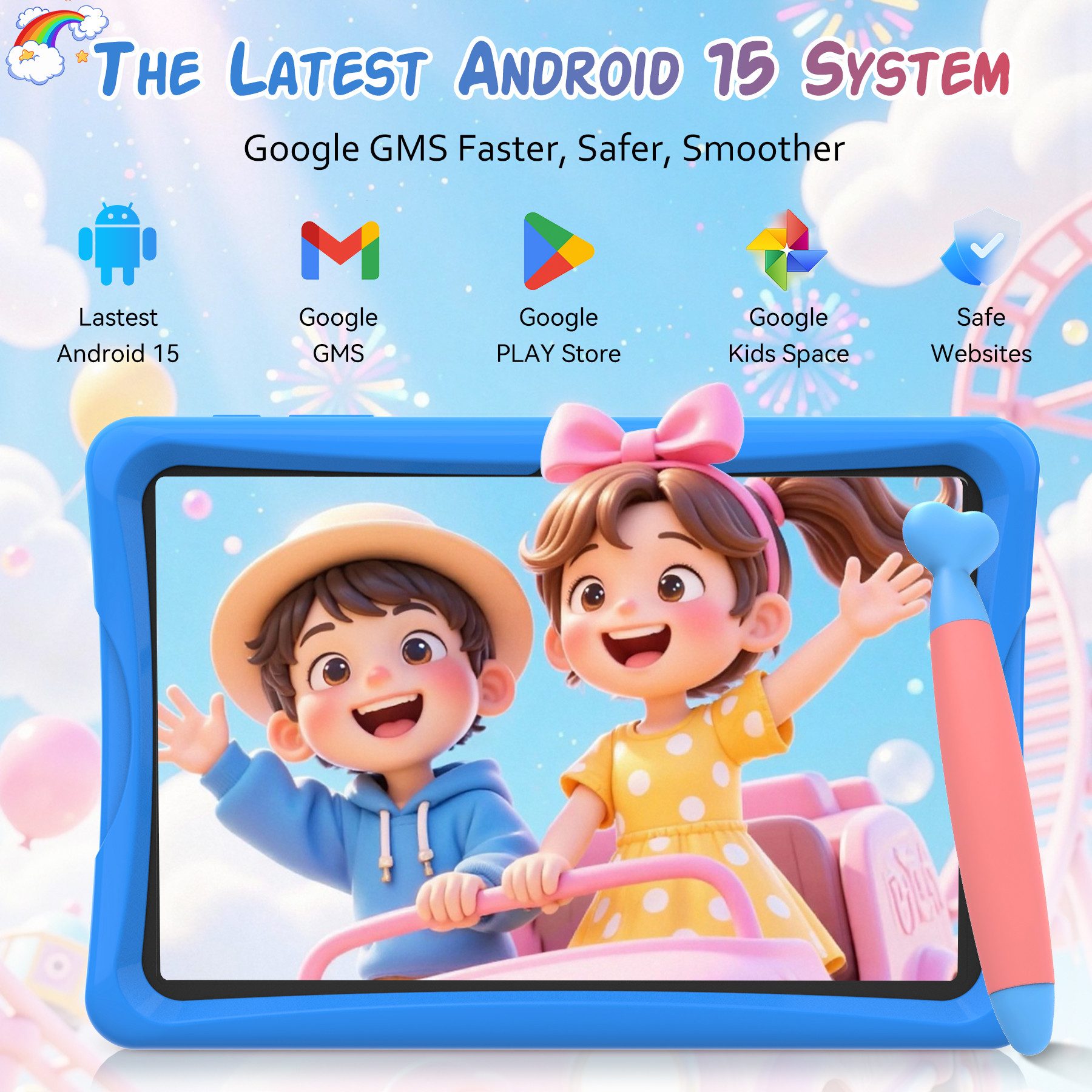 TABWEE 10.1'' Kids Android 15 mit Stylus Tablet (10.1", 64 GB, 5G wifi, Android 15, Google Kids Space, Gemini AI, mit Stift) blau