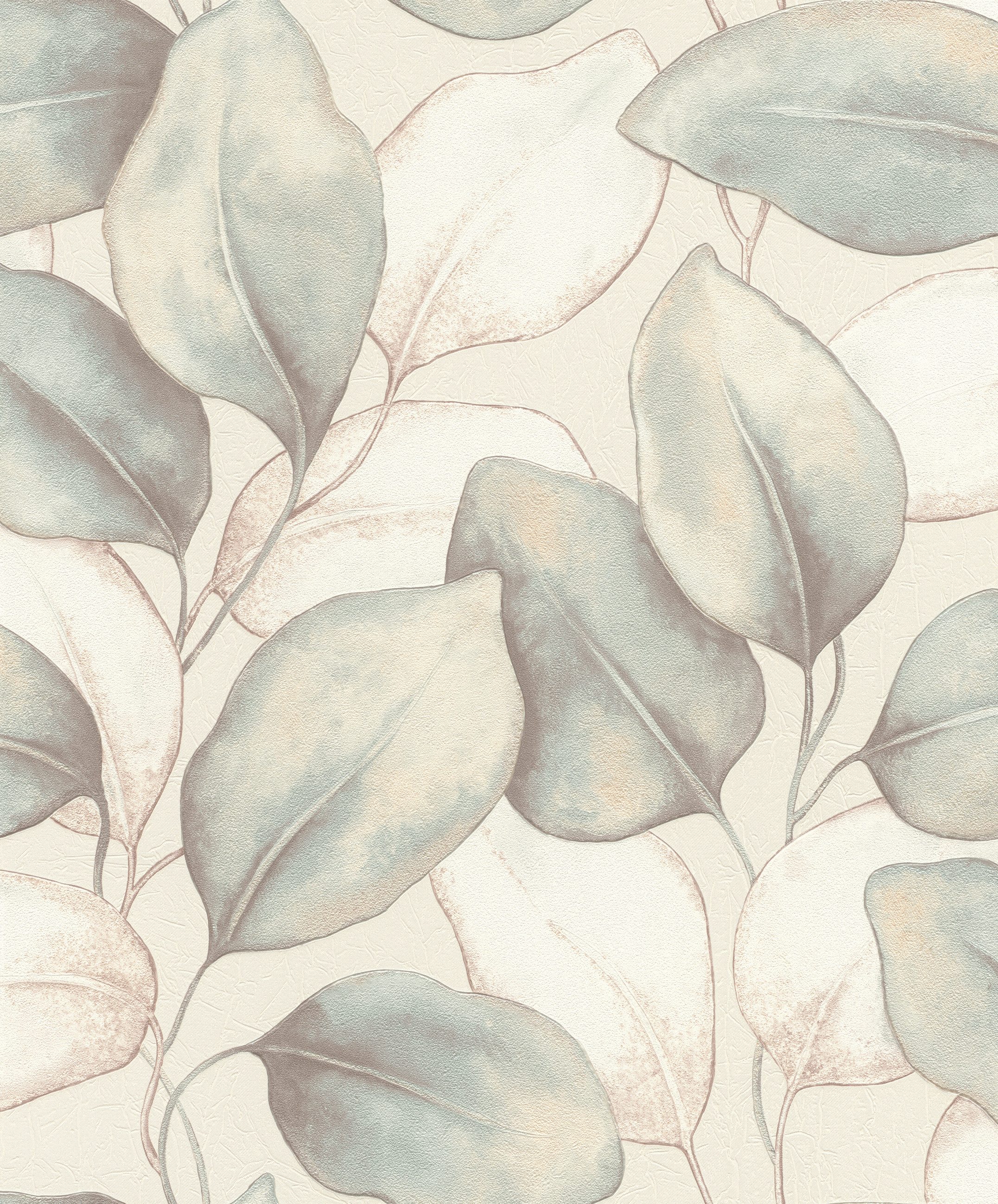 Rasch Vliestapete Blätter & Botanisches Muster - Vinyltapete Beige Creme Grau Blau Grün, floral, (1 Rolle, 1 St., Kollektion 'Incanto' - 10,05 m x 0,53 m), Lichtbeständige Farben - Feucht abwischbar - Restlost abziehbar