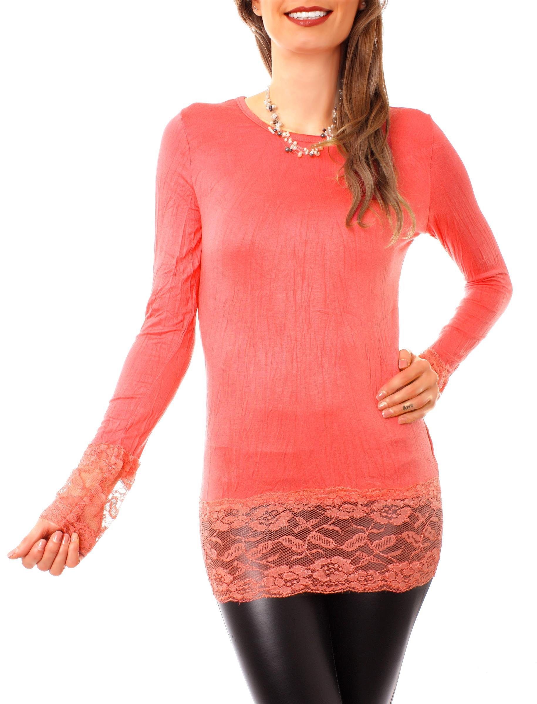 Muse Rundhalsshirt Langarm Longshirt mit Spitzensaum günstig online kaufen