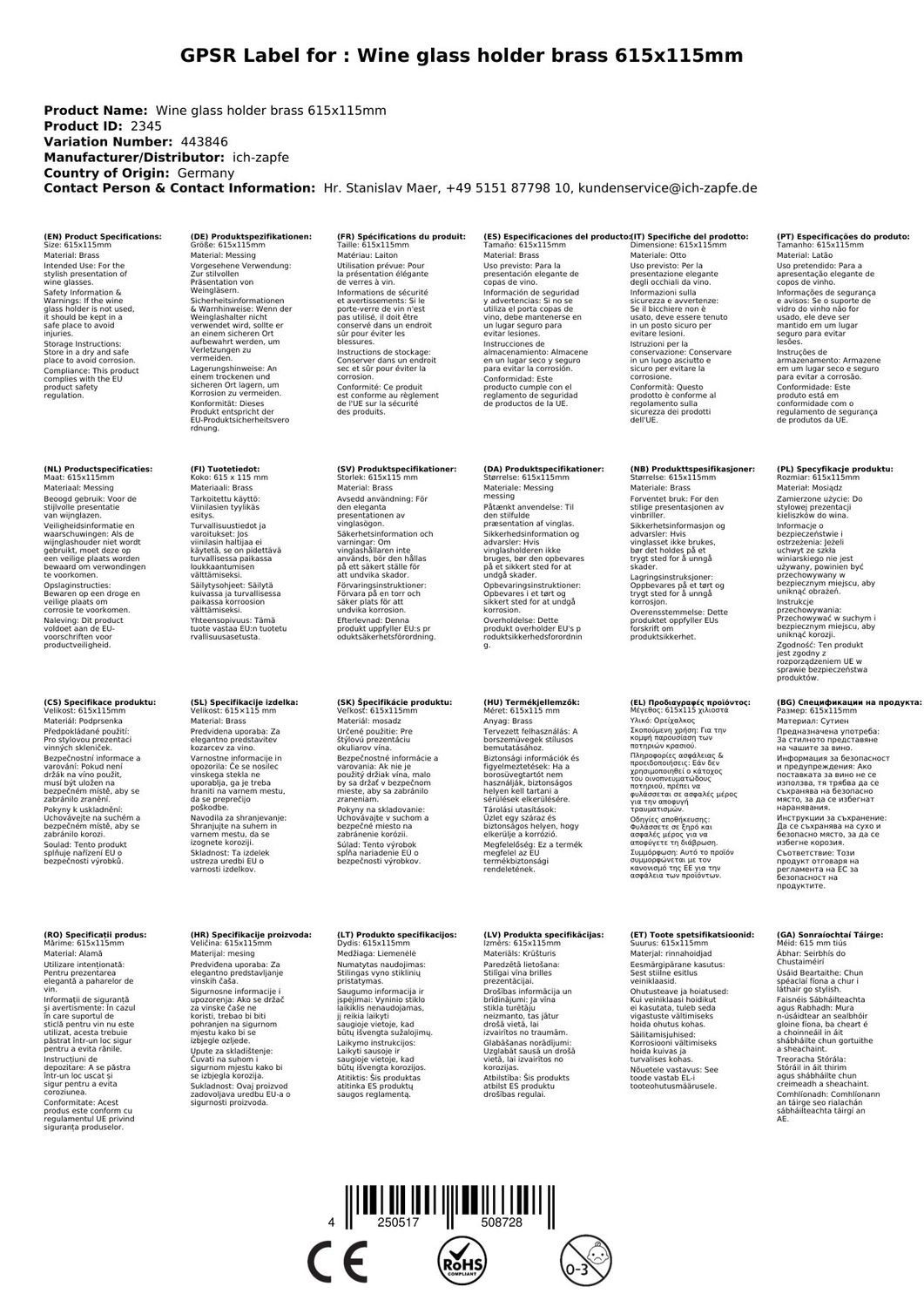 FUCHS Gläserhalter Weinglashalter messing 615x115mm