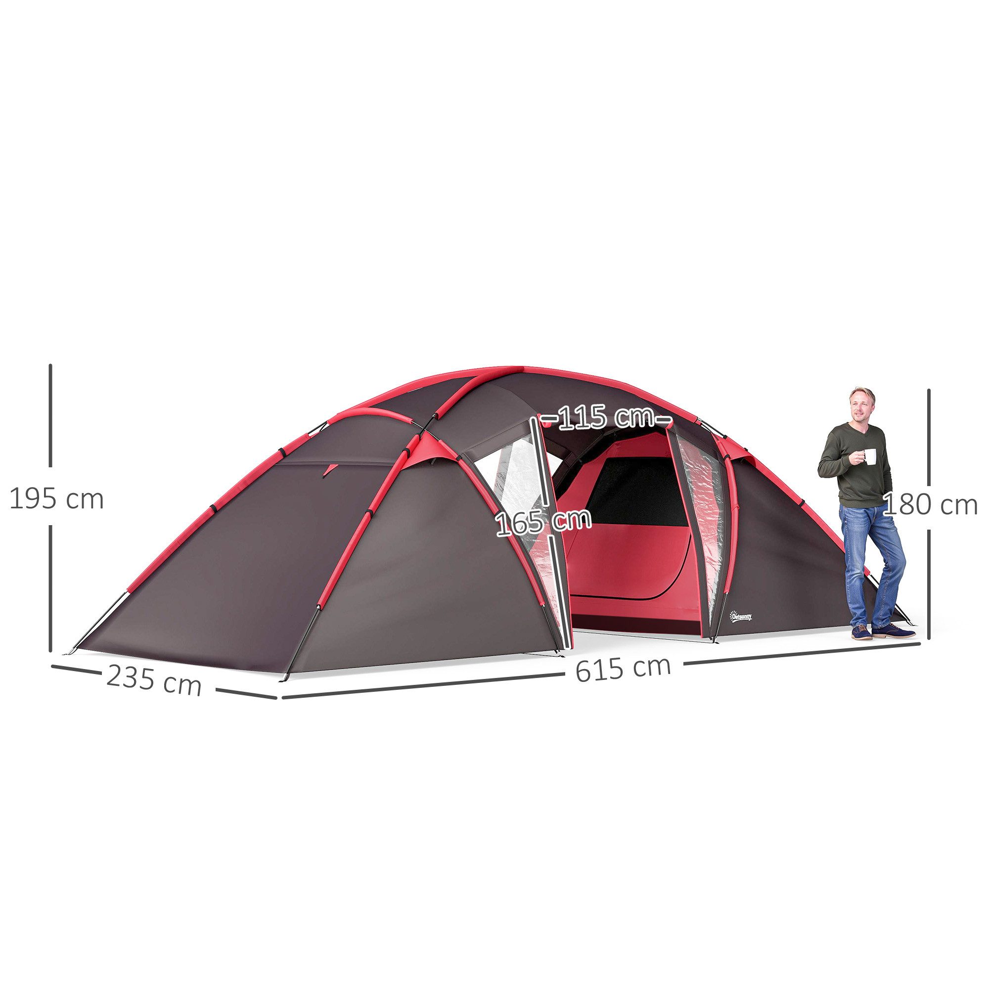 Outsunny Tunnelzelt mit 3 Räumen, Lichthaken, Doppeltüren, Personen: 6 (3000mm wasserabweisend Campingzelt, 1 tlg., Familienzelt für 4-6 Personen), für Garten, Campingplatz, Grau