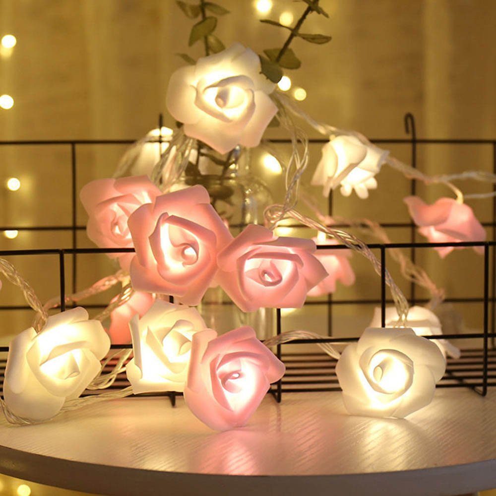 für Party Weiß Weihnachten,Blumengirlande LED-Lichterkette Girlande,Kunstblume Nachtlicht Dekolicht Warmweiß,Batterie, Garten 3M LED 20LEDs Rosa Rose,LED MUPOO Rose